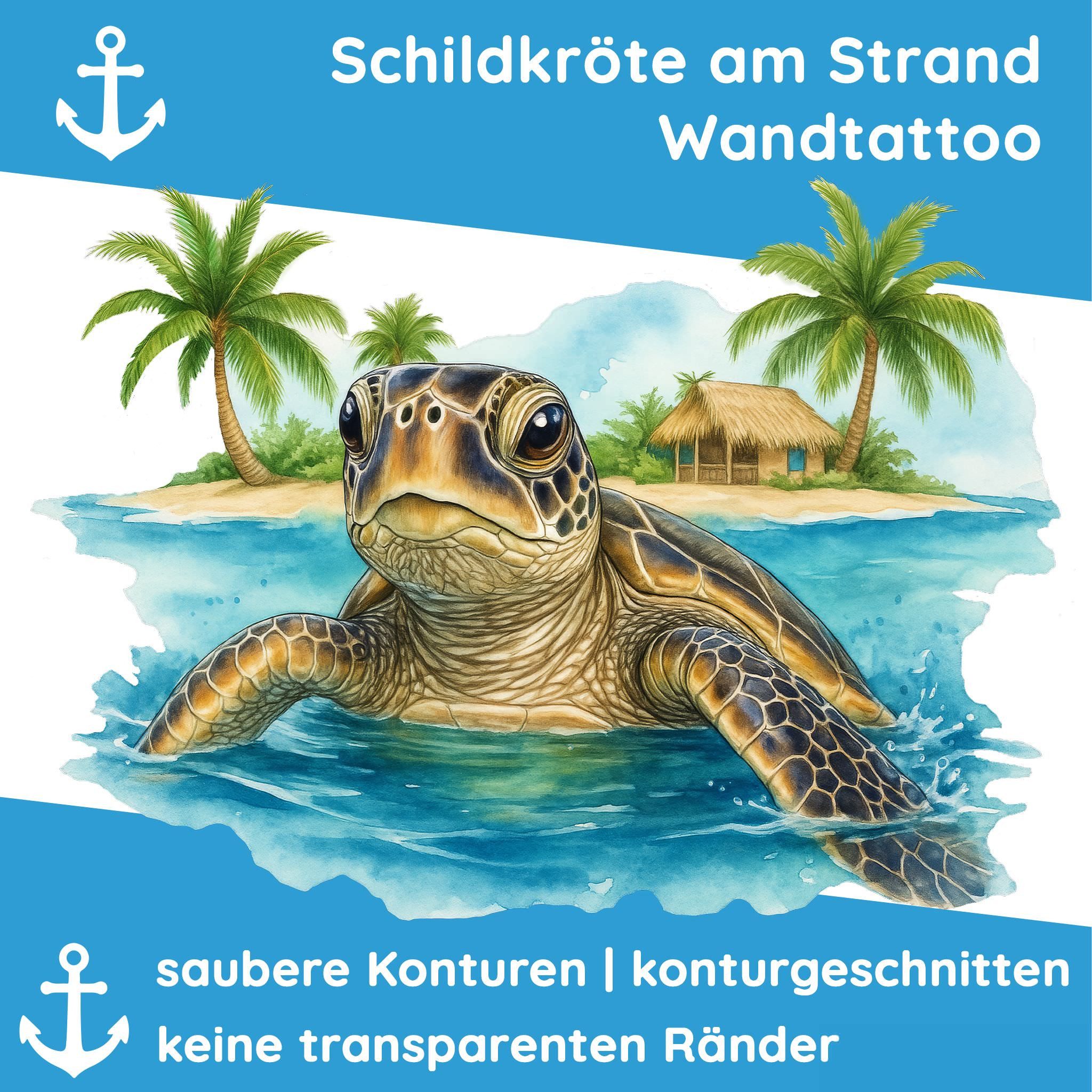 Sunnywall Wandtattoo Aufkleber Maritim Schildkröte mit Palmen & Strand, selbstklebend, konturgeschnitten, rückstandslos entfernbar