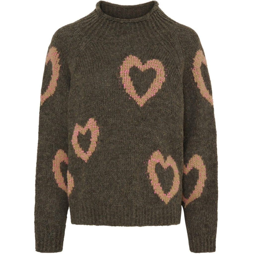 Stillpullover LaMarta-Olivdrabener Strickpullover mit Herzmotiv