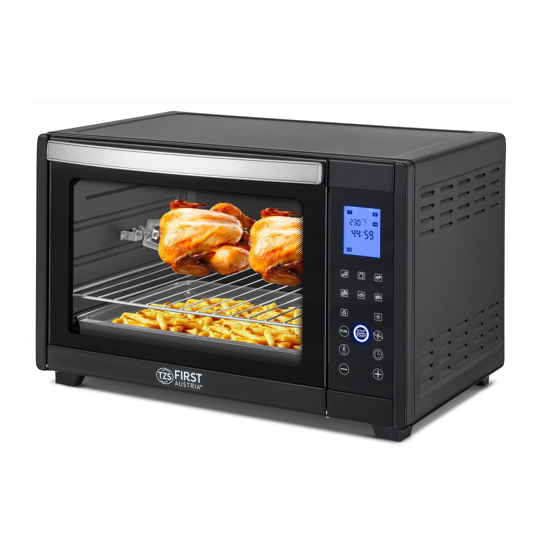 TZS FIRST AUSTRIA Minibackofen Mini Backofen, 45L, 2000 Watt, Digitalanzeige, Elektroofen, Pizzaofen, für den Tischgebrauch, Backen & Grillen, inkl. Drehspieß