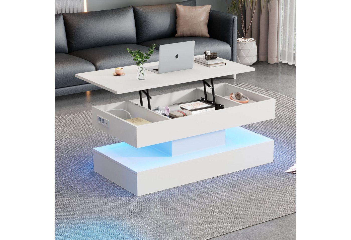 Merax Couchtisch mit LED-Beleuchtung und verstecktem Stauraum (1-St., mit anhebbarer Tischplatte), Höhenverstellbarer Beistelltisch mit hydraulischem Hub, 100x50x42cm