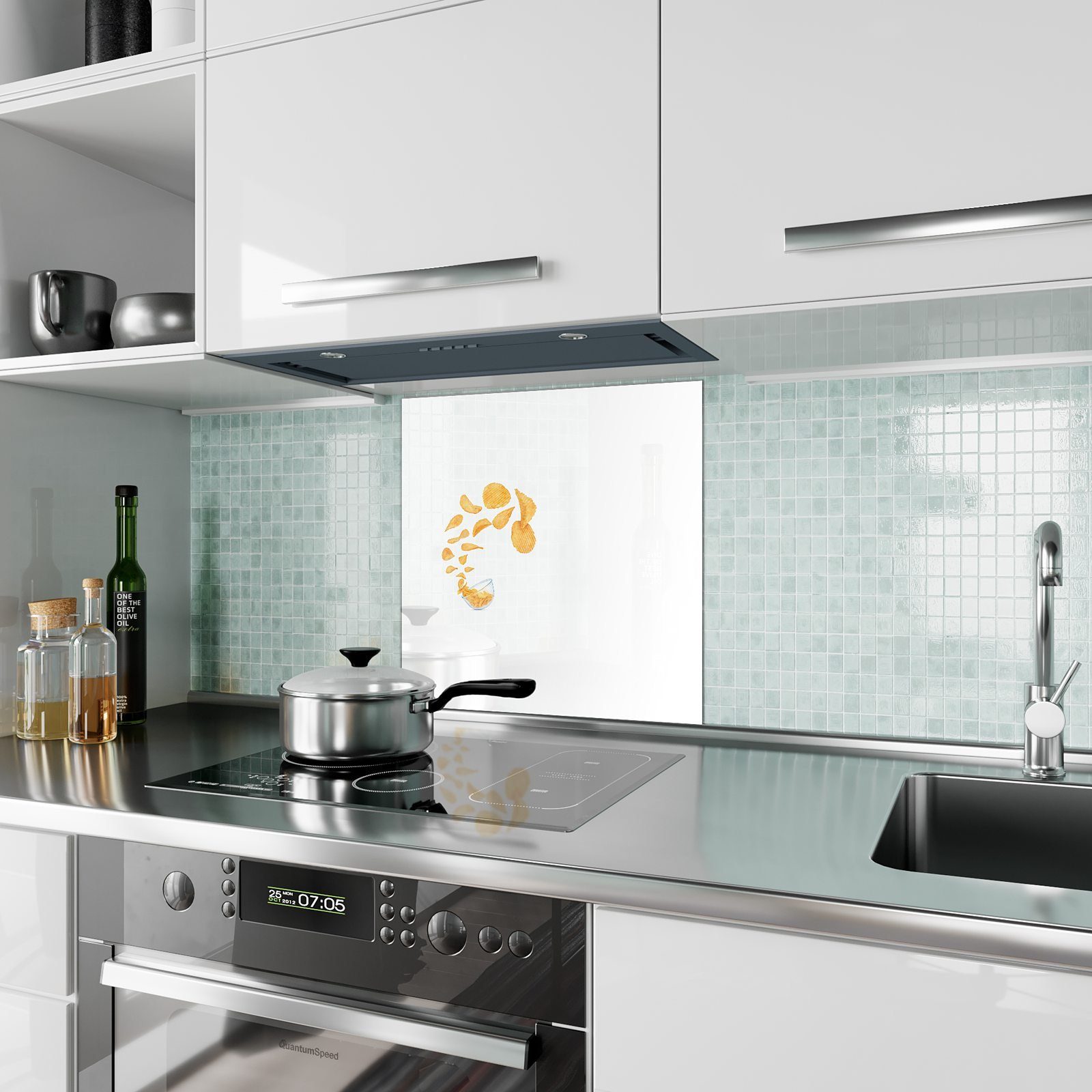 Primedeco Küchenrückwand Küchenrückwand Spritzschutz Glas fliegend Motiv Chips mit