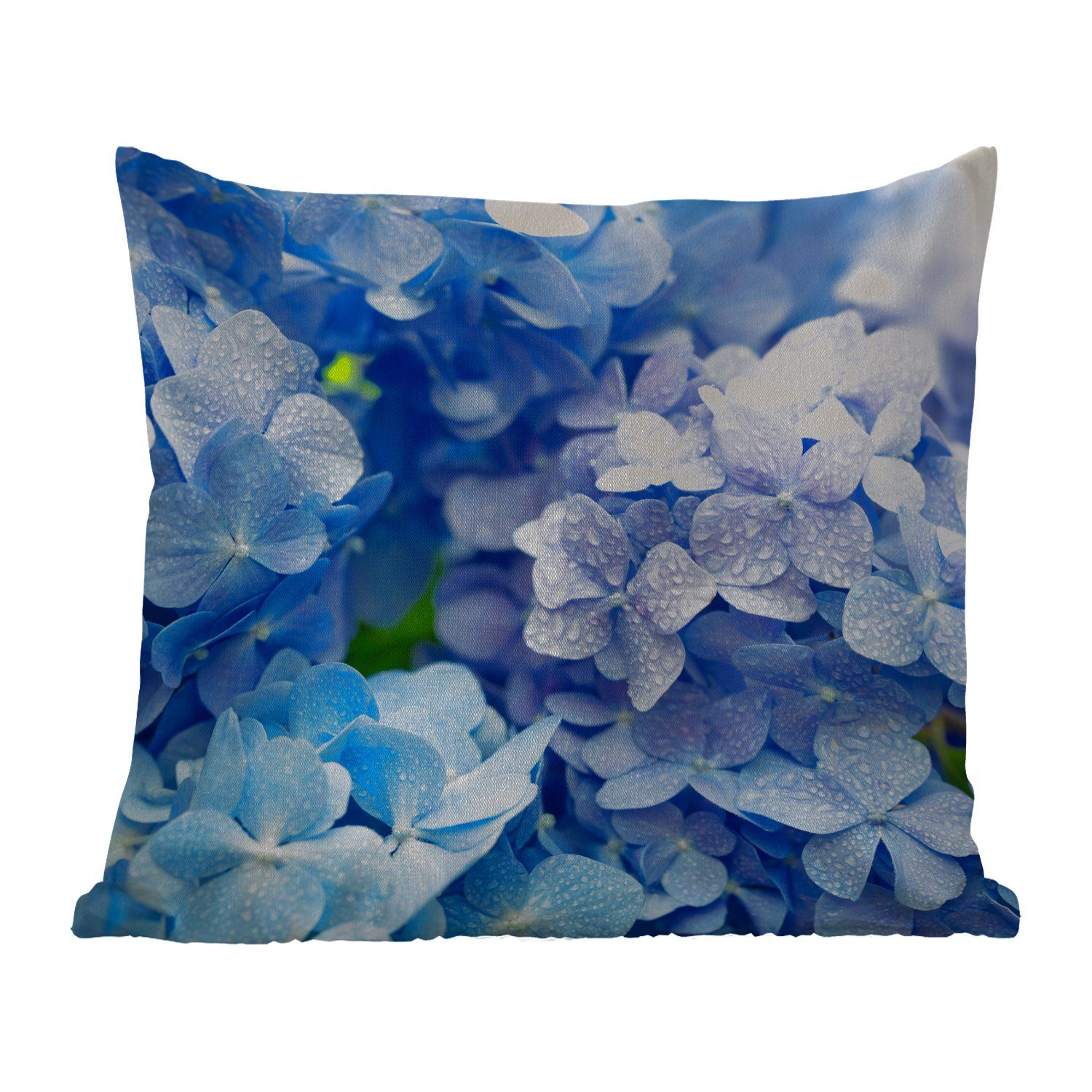 MuchoWow Dekokissen Hortensie - Wassertropfen - Floral - Botanisch - Blau, Kissenbezüge, Kissenhülle, Dekokissen, Dekokissenbezug, Outdoor