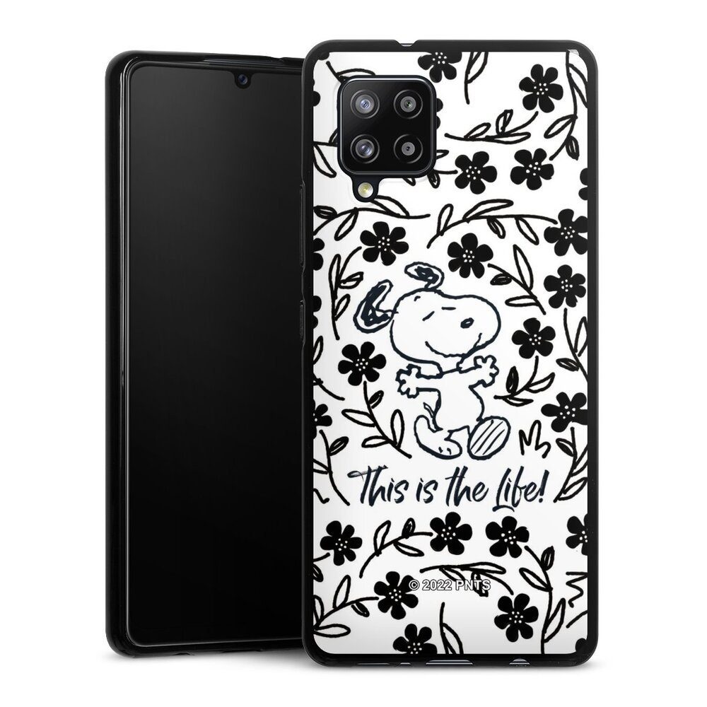 DeinDesign Handyhülle Peanuts Blumen Snoopy Snoopy Black and White This Is The Life, Samsung Galaxy A42 5G Silikon Hülle Bumper Case Handy Schutzhülle