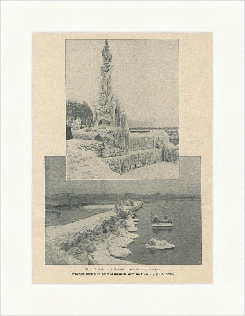 Kunstdruck Strenger Winter in der Südschweiz Genf im Eise Gaslaterne F_Vintage 01