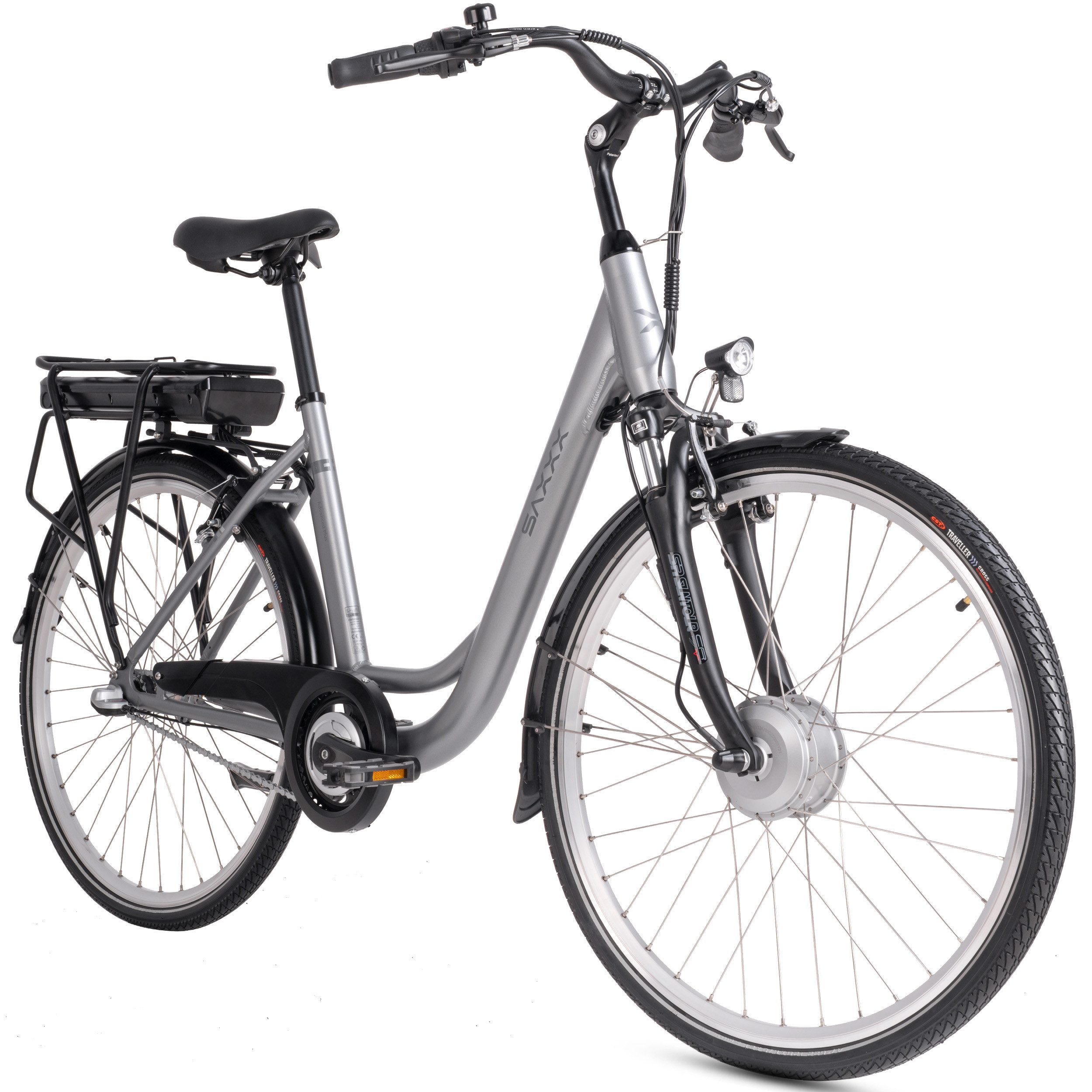 SAXXX E-Bike Cityrad 28″ Damen/Herren, APW E-Citybike, 375 Wh, max. 90 km, Rücktrittbremse, 3 Gang SHIMANO Nexus Schaltwerk, Nabenschaltung, Vorderradmotor, 375 Wh, (mit Gepäckträger, abnehmbarer Akku, 95% vormontiert), Pedelec, E-Citybike mit Tiefeinstieg, RH: 45/50 cm, bis 130kg