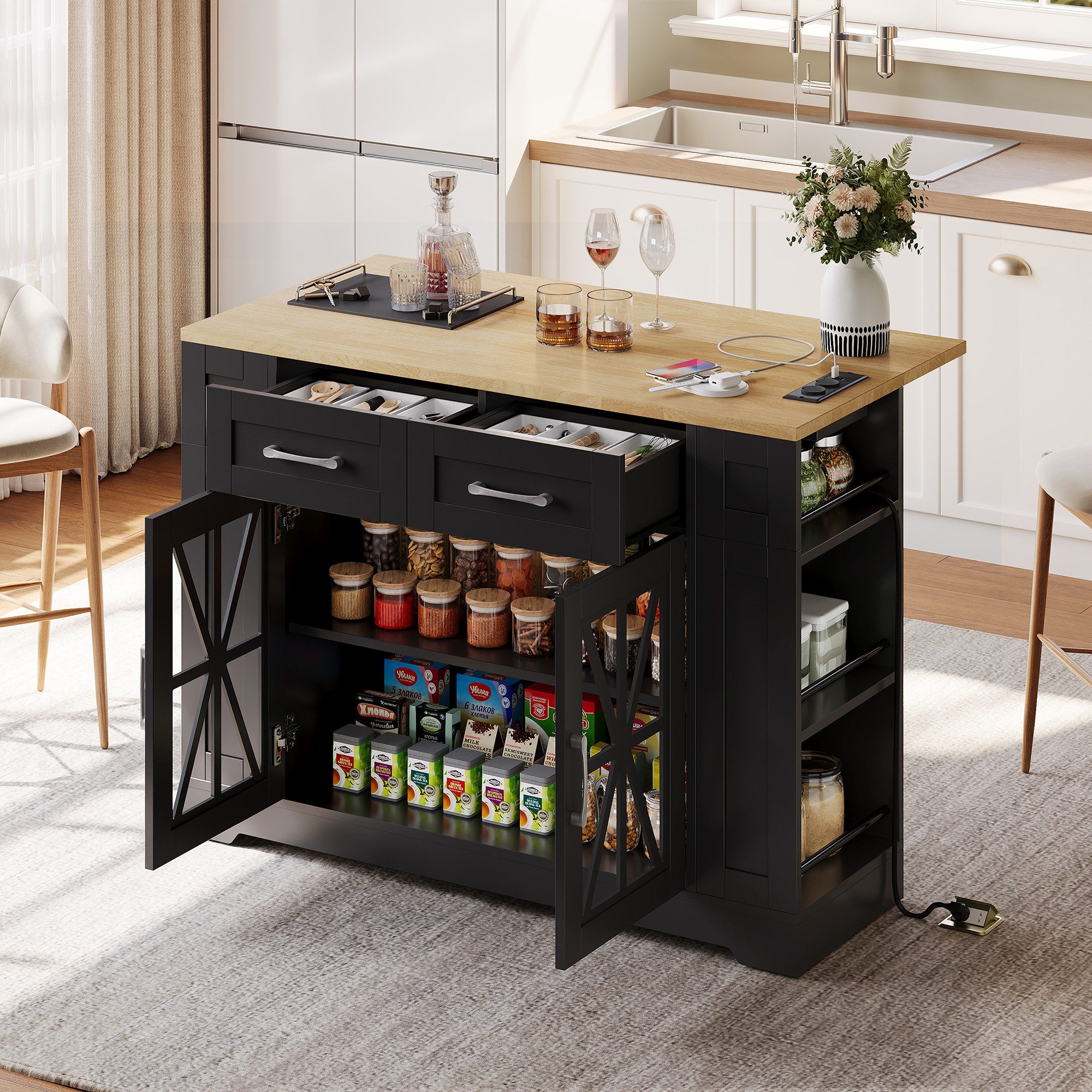 i@home Kücheninsel mit klappbarer Arbeitsplatte Esstisch, 120x70 cm erweiterbar, (4 Türen + 1 Schublade, Mit Gewürzregal & Handtuchhalter), Ideal für kleine Küche, Wohnküche & Esszimmer