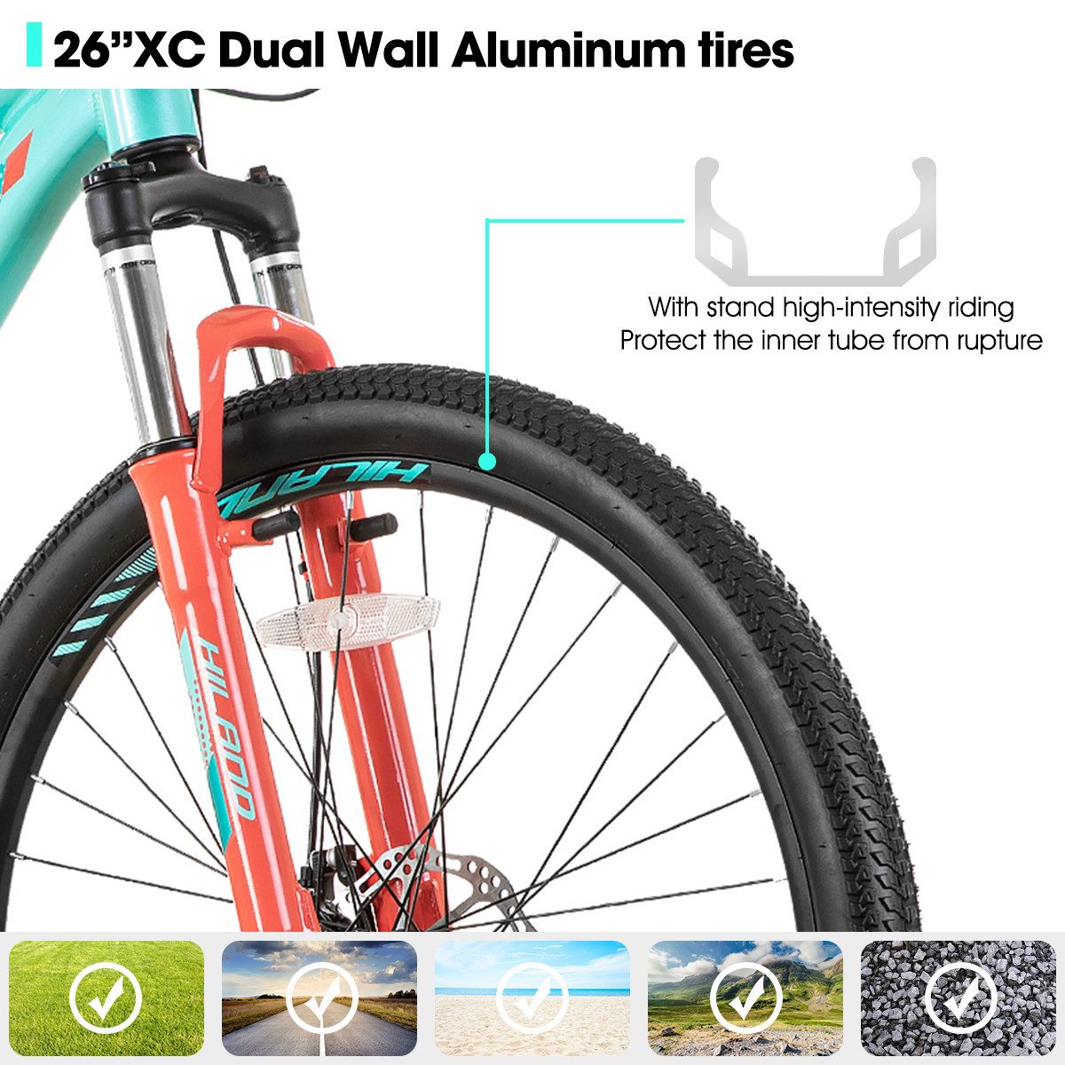 HILAND Mountainbike 26/27,5 Zoll Leichtgewichtiges bike für Frauen Ideal für alle Terrains, 21-Gang mit Lock-Out-Federgabel Dual-Scheibenbremsen, Aluminium-Rahmen
