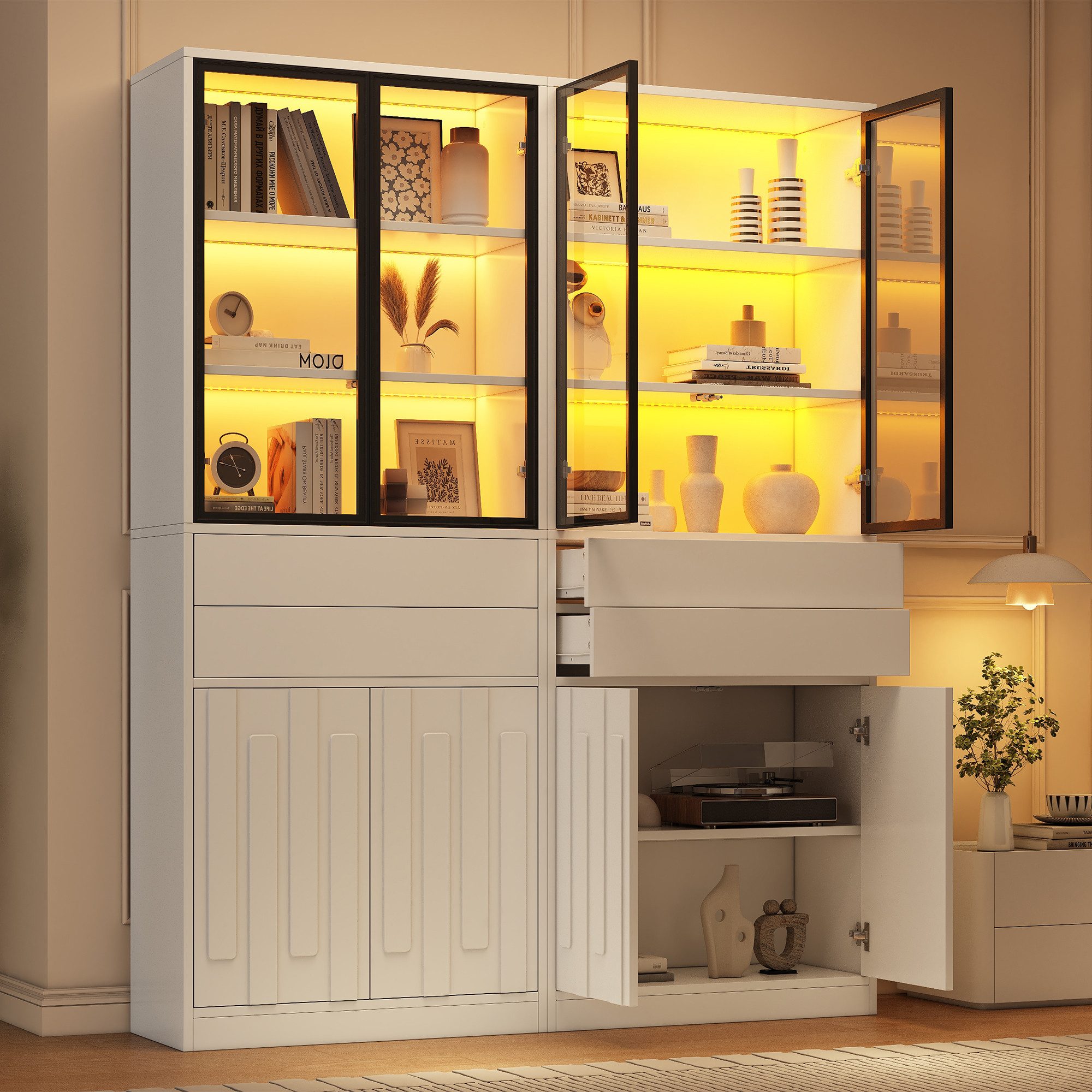 Merax Vitrine mit LED-Beleuchtung, Standvitrine mit 4 Türen aus Sicherheitsglas (70 × 34 × 180 cm, 2-St., Glasvitrine Standvitrine) Hochschrank mit 2 Schubladen, 7 Staufächer & verstellbare Einlegeböden