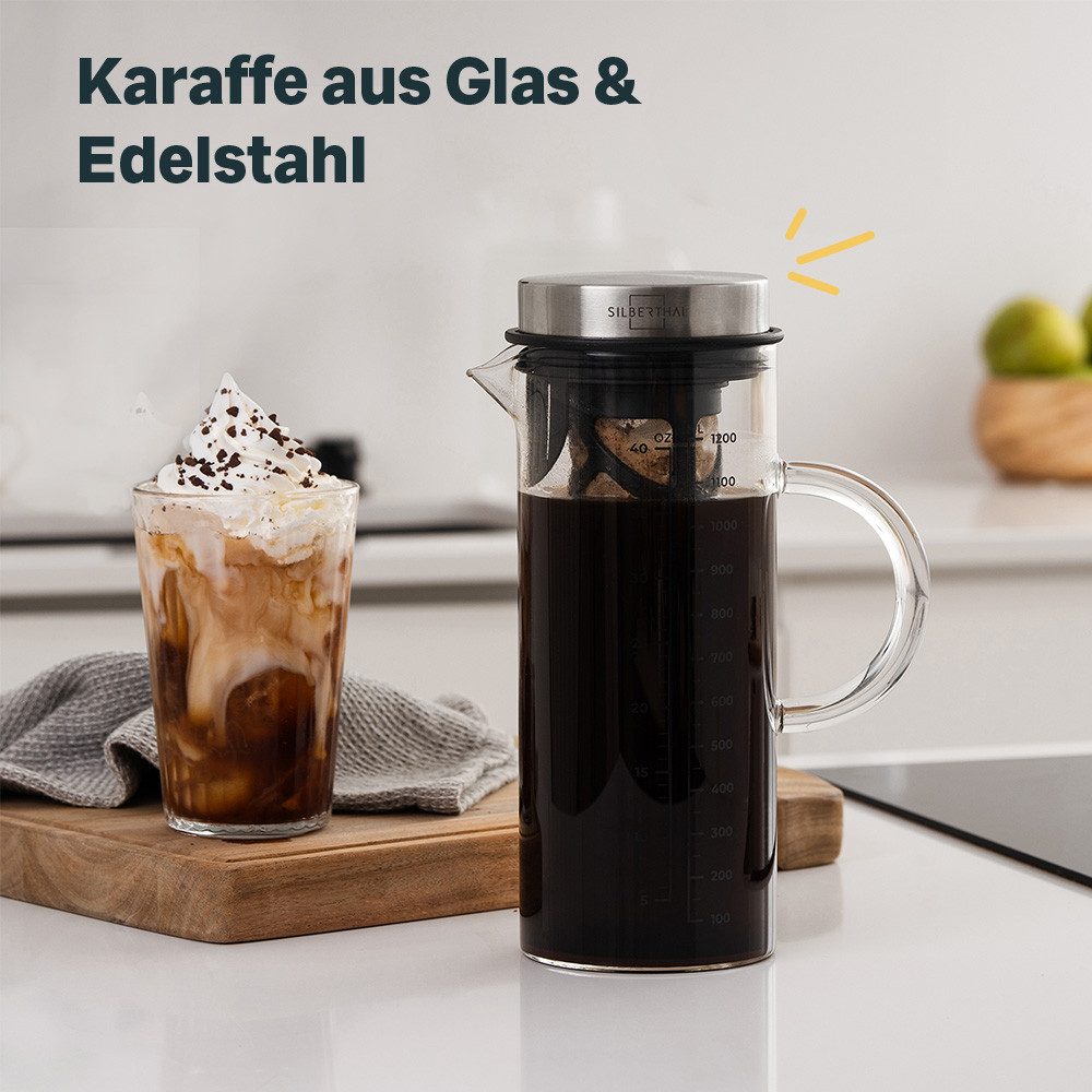 SILBERTHAL Cold Brew Zubereiter, 1.2l Kaffeekanne, mit feinem Siebfilter, Hitzebeständige Glaskaraffe