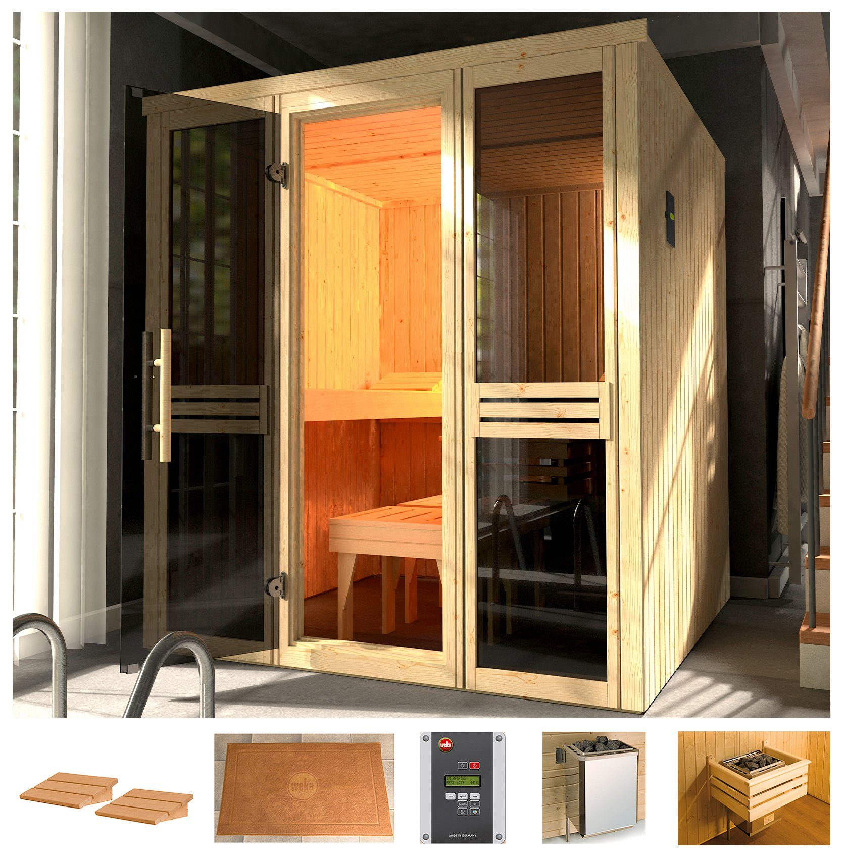 weka Sauna Classic, BxTxH: 177 x 194 x 199 cm, 68 mm, 7,5 kW Ofen mit ext. Steuerung, Fenster