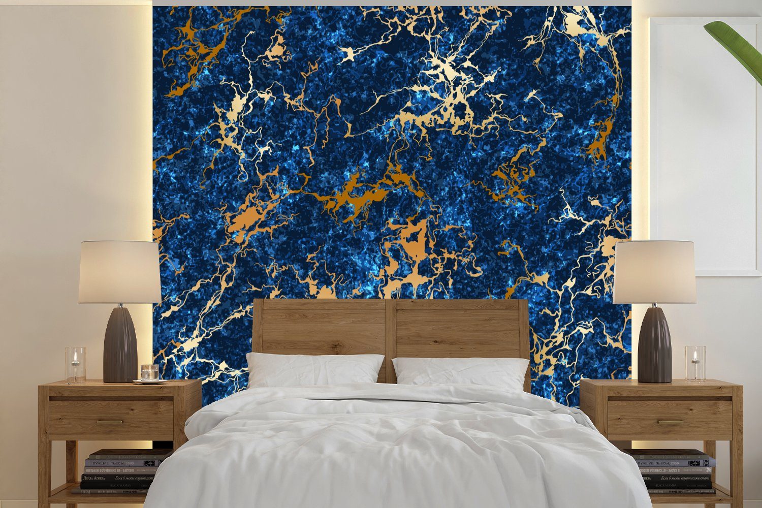 MuchoWow - Marmor Blau, Textur Vliestapete Matt, - (4 Schlafzimmer Fototapete bedruckt, für Küche, Fototapete - Gold Wohnzimmer St),