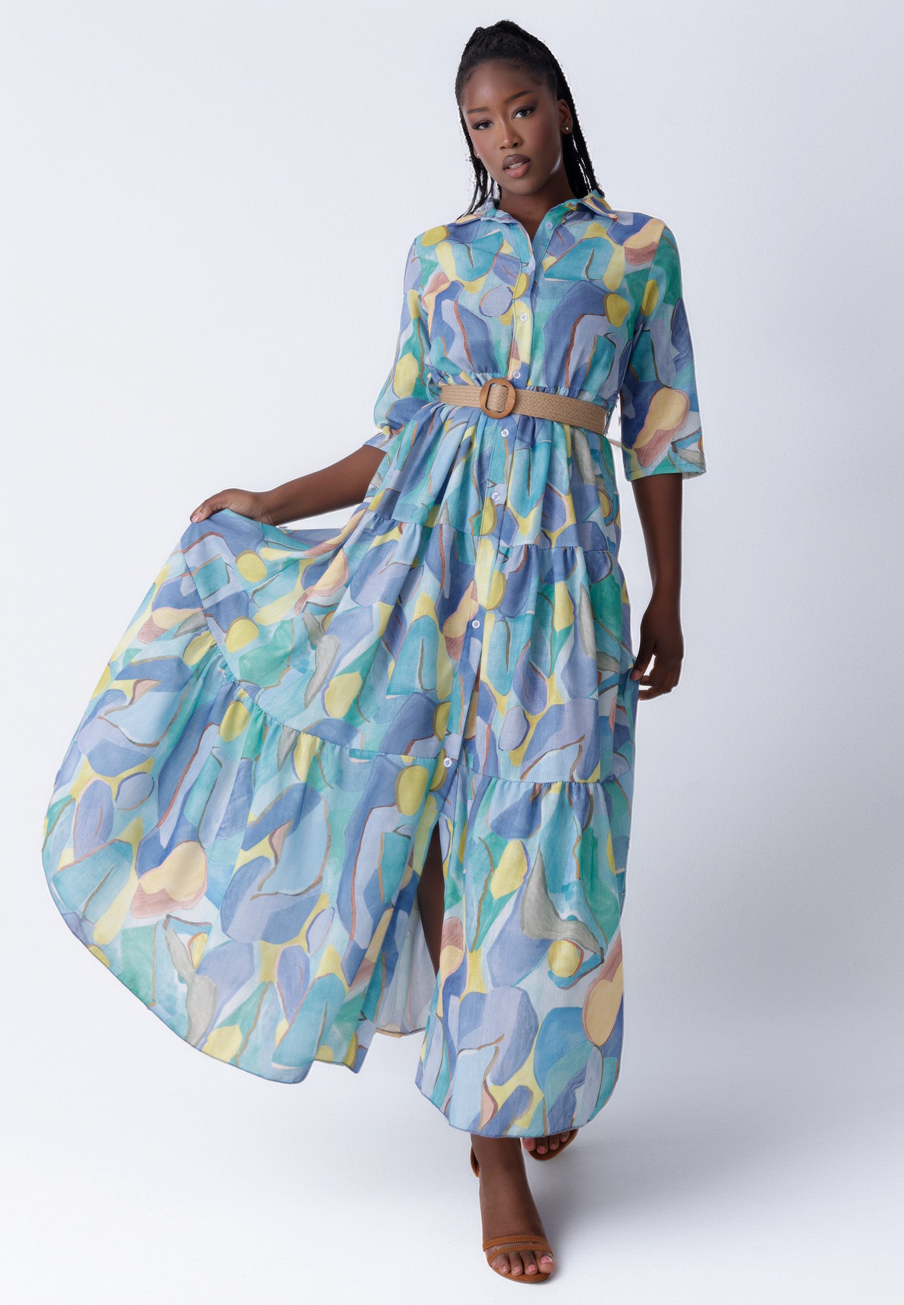 YC Fashion & Style Maxikleid Leinenkleid mit Bindegürtel & Stufenrock mit Alloverdruck