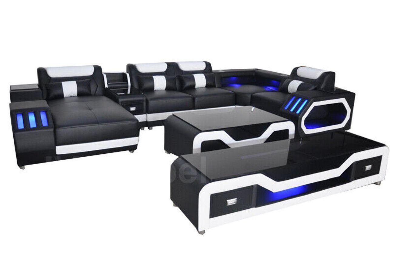 Wohnlandschaft Couch + RTV Tisch Sofa JVmoebel 3 Ecksofa + Eck Teile Garnitur USB, Design Schwarz Leder