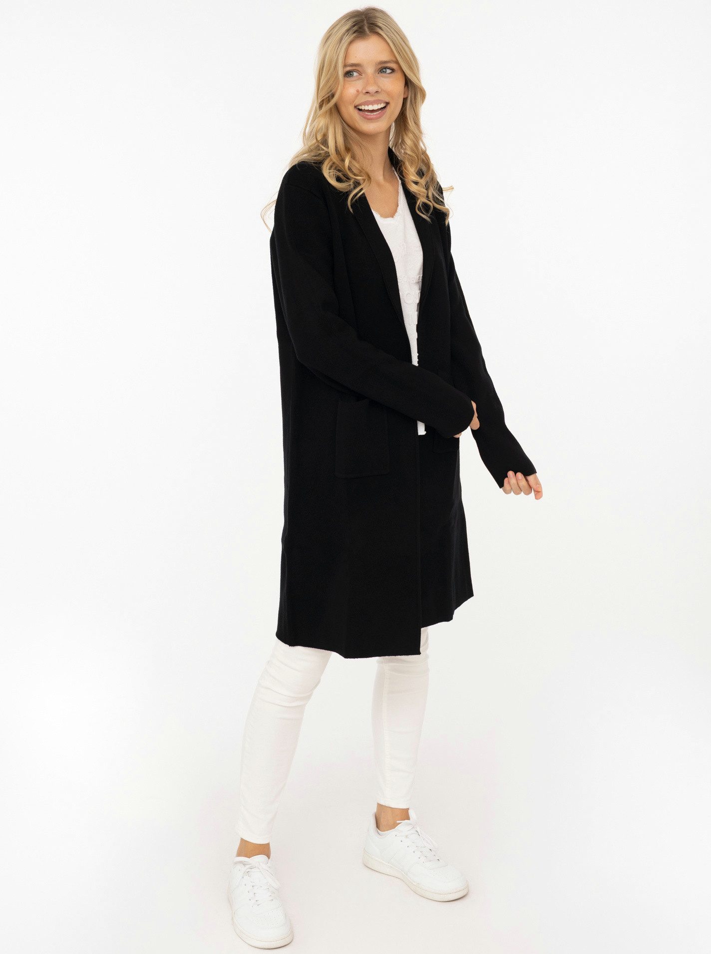 Zwillingsherz Cardigan "Jessi" mit Kragen, Langarm, aufgesetzte Taschen, ohne Verschluss, knielang