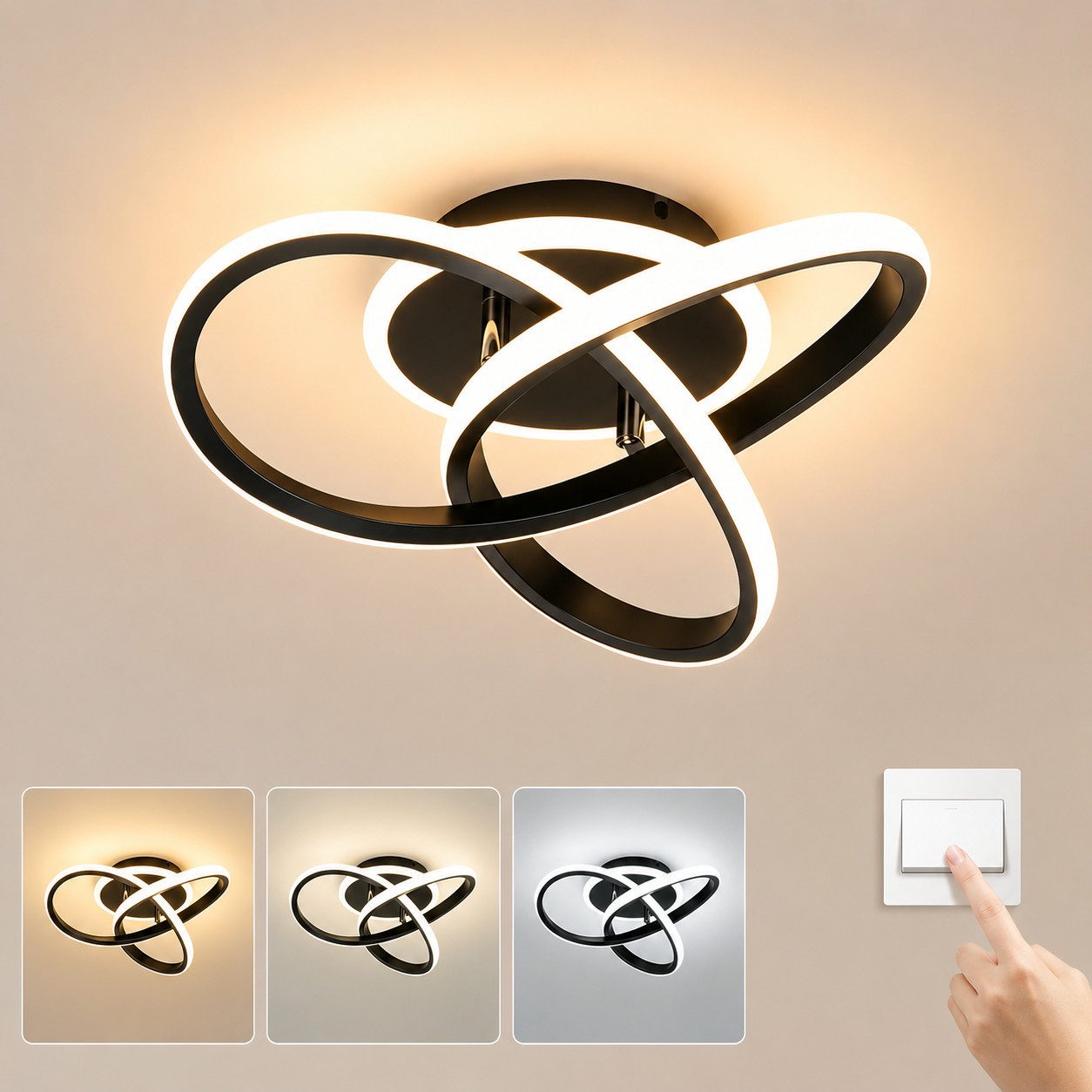 BlingBin Deckenleuchte 25CM Schwarz Dimmbar LED Deckenlampe 3 Blatten verflochten Modern, LED fest integriert, Modern Deckenlampe 3000-6500K für Wohnzimmer Küche Flur