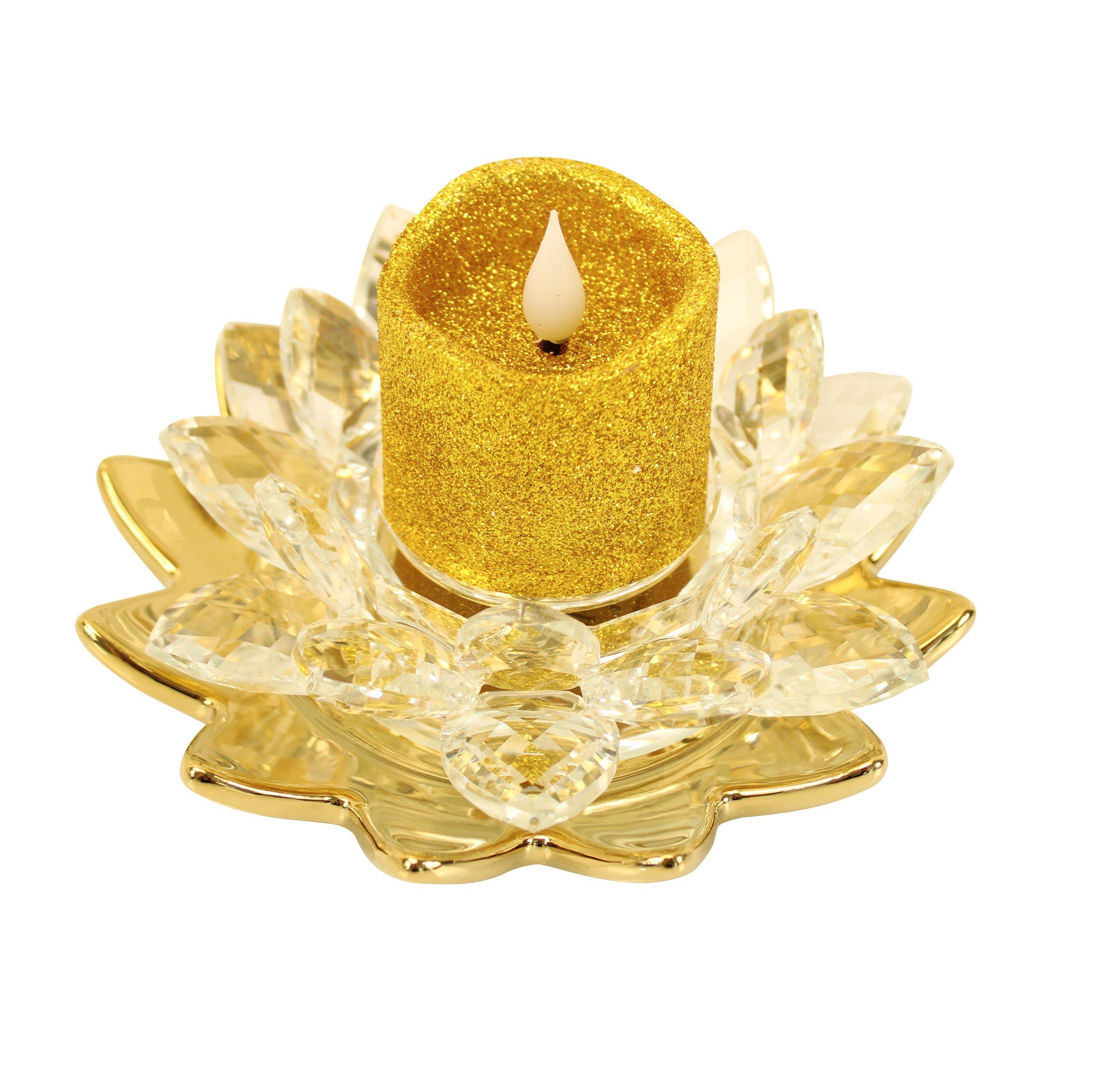 Online-Fuchs Kerzenständer in Lotusblüten-Optik aus Glas mit LED Kerze Votivkerze GOLD 545 (Kerze mit Glitzerüberzug), Kerzenhalter: 13 x 8 cm, Kerze: 5x4,7 cm, Teelichthalter