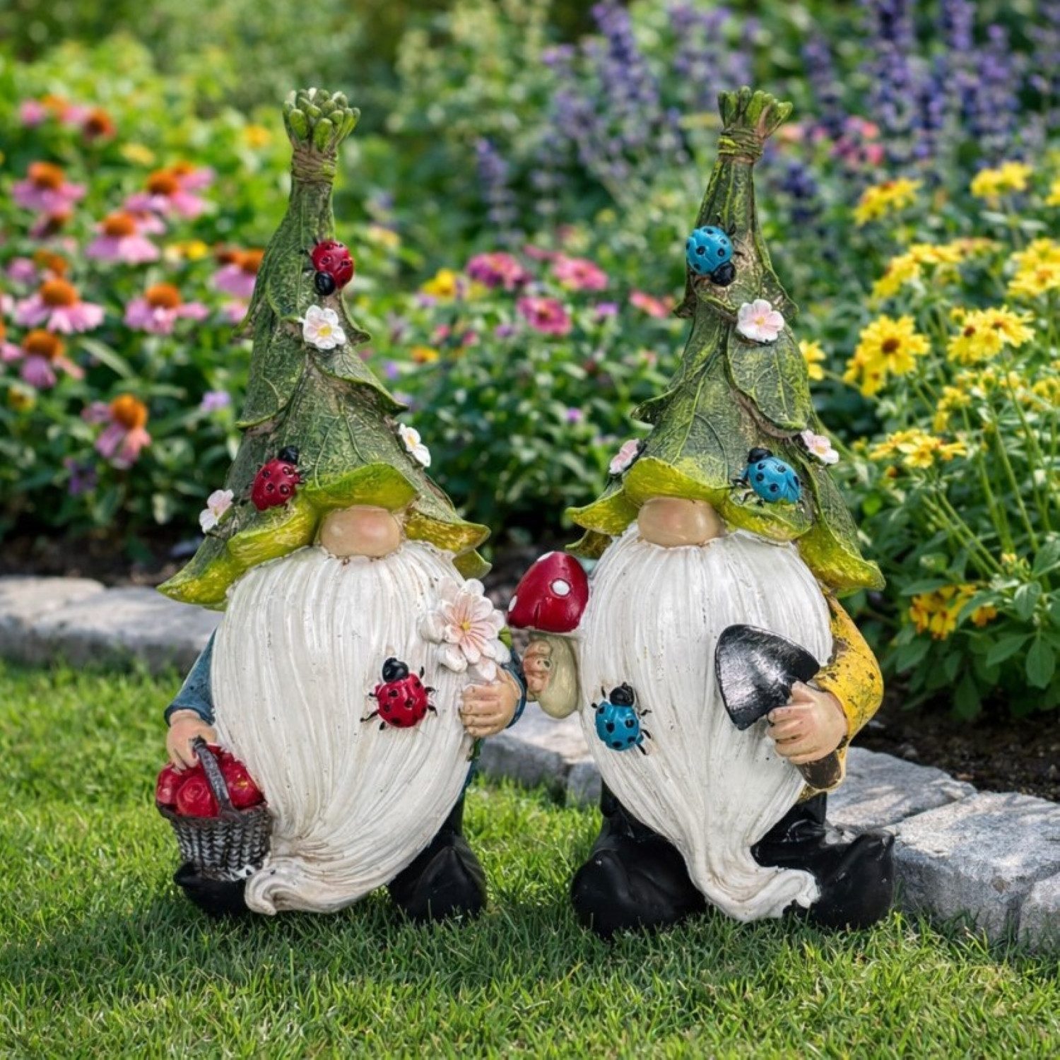 Gartenfigur für draußen - 2er Set lustige Gartenzwerge, Wichtel - 21 cm groß