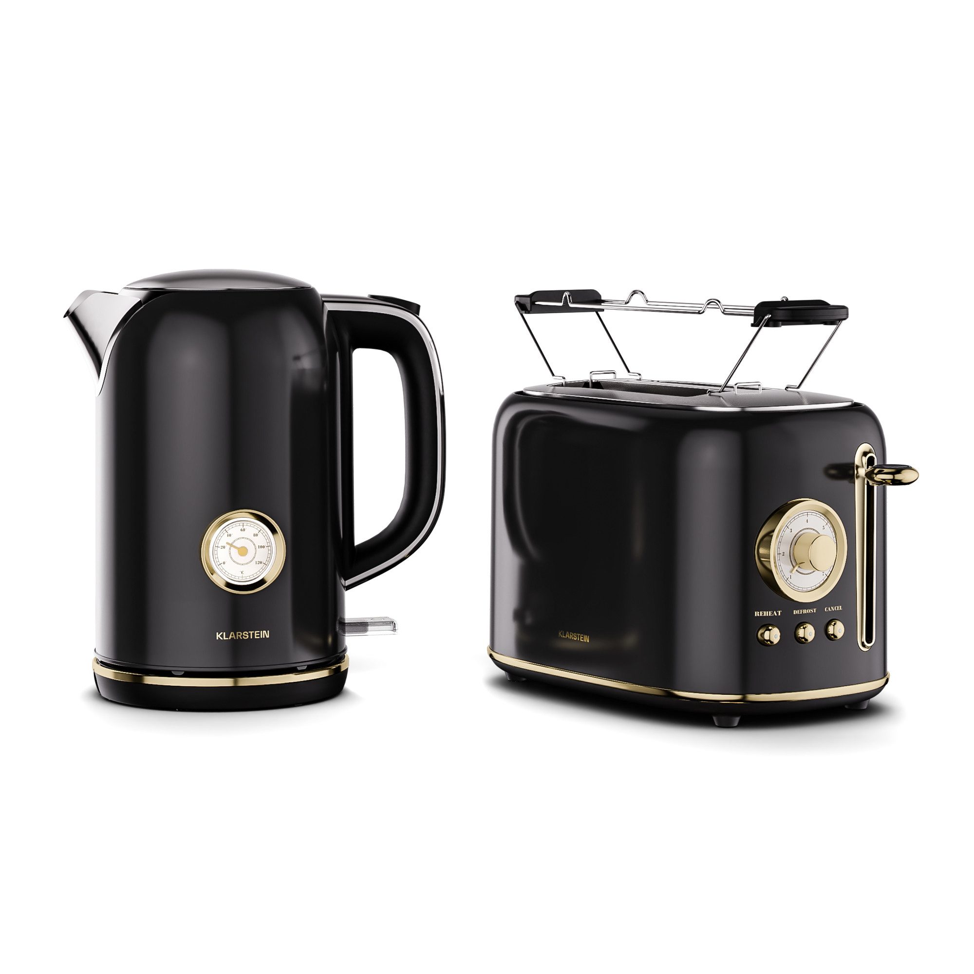 Klarstein Frühstücks-Set Victoria (3-tlg), Toaster mit Brötchenaufsatz 800W Wasserkocher 1,7 L 2200W Schwarz
