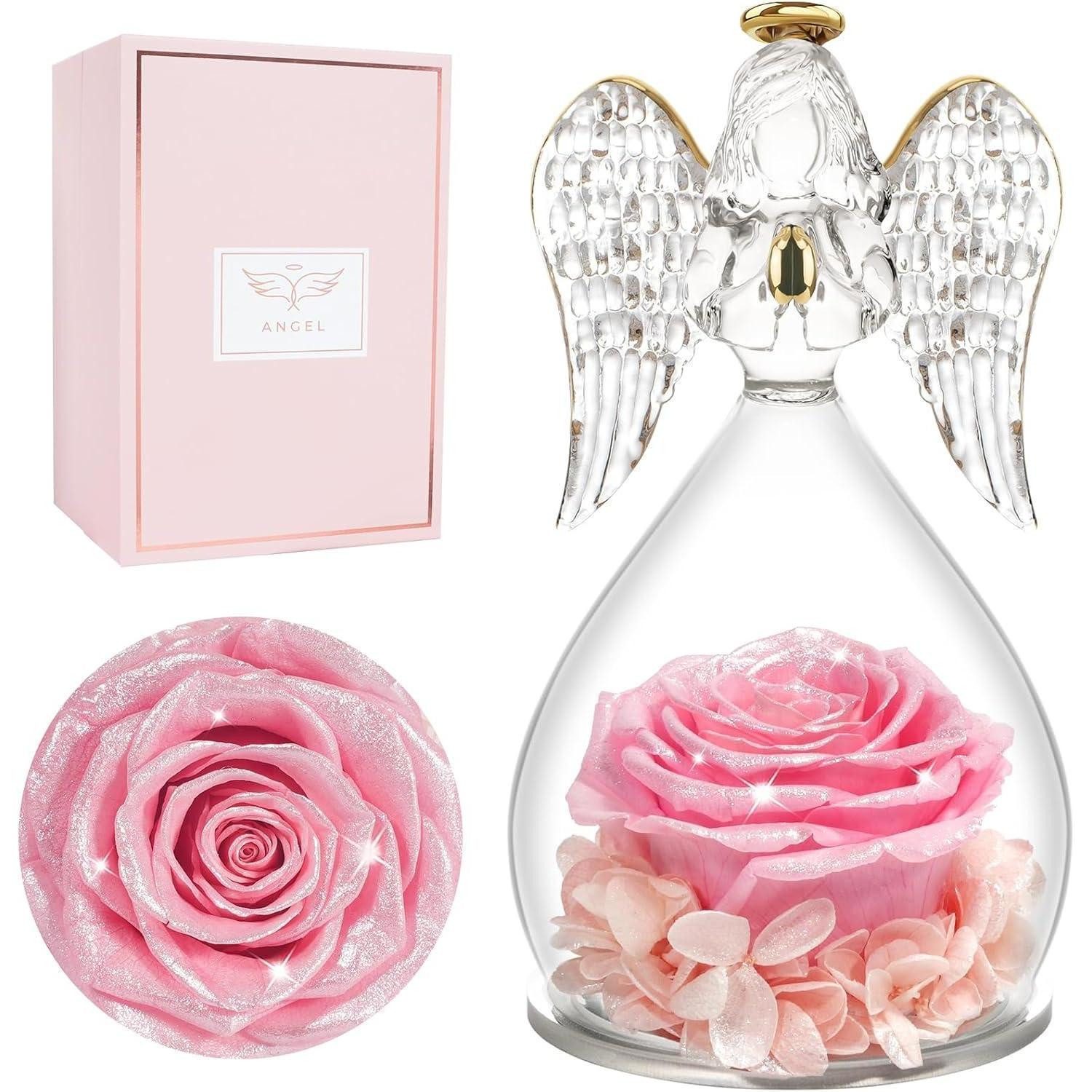 LuxusKollektion Engelfigur Figur Ewige Rose Engel Schutzengel Glaskuppel Glänzendes Pulver
