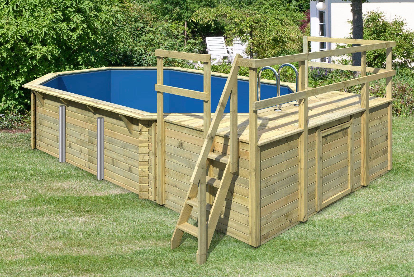 Karibu Achteckpool PALMA Set D BxLxH: 358x569x124 cm, mit Sonnendeck und 2 Eck-Terrassen (Set, 9-tlg), 38 mm starke Holzbohlen aus Fichtenholz