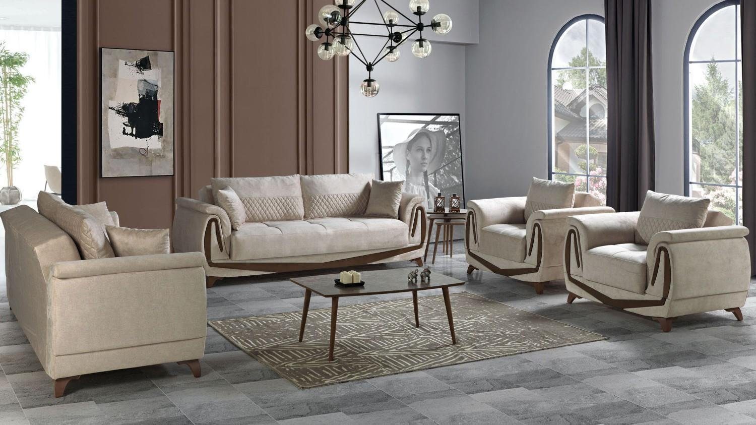 JVmoebel Wohnzimmer-Set Sofagarnitur 3+2+1+1 Holz Wohnzimmer Luxus Sofa Modern Stoff, (3 Sitzer / 2 Sitzer / 2x Sessel), Made In Europe