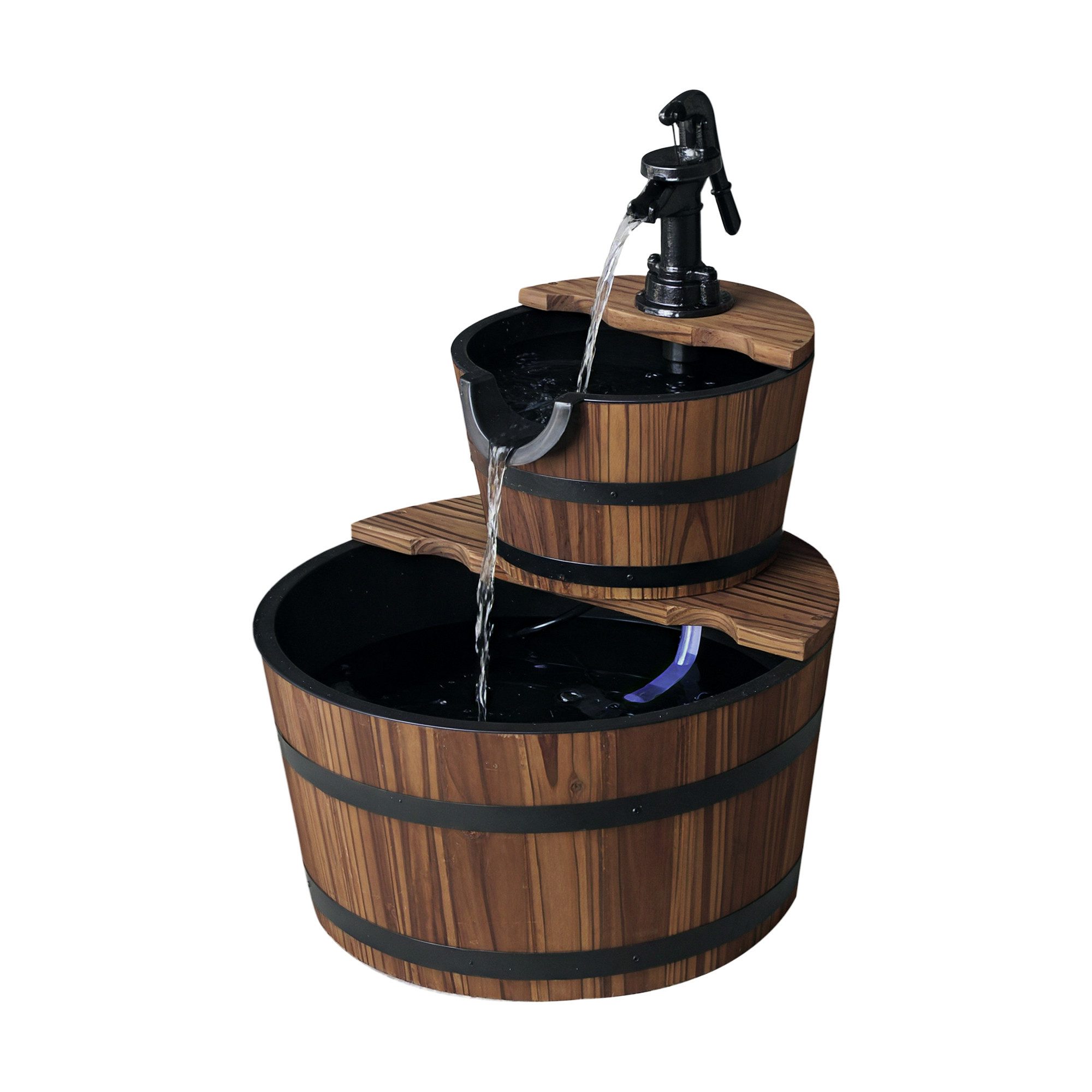 Outsunny Gartenbrunnen Zimmerbrunnen Wasserspiel Wasserfall Wasserpumpe, 24 cm Breite, Wasserbecken BxT: 44x44 cm, (Zierbrunnen, 2 tlg., Kaskadenbrunnen), Tannenholz, Dunkelbraun, 44,5 x 44,5 x 58,5 cm