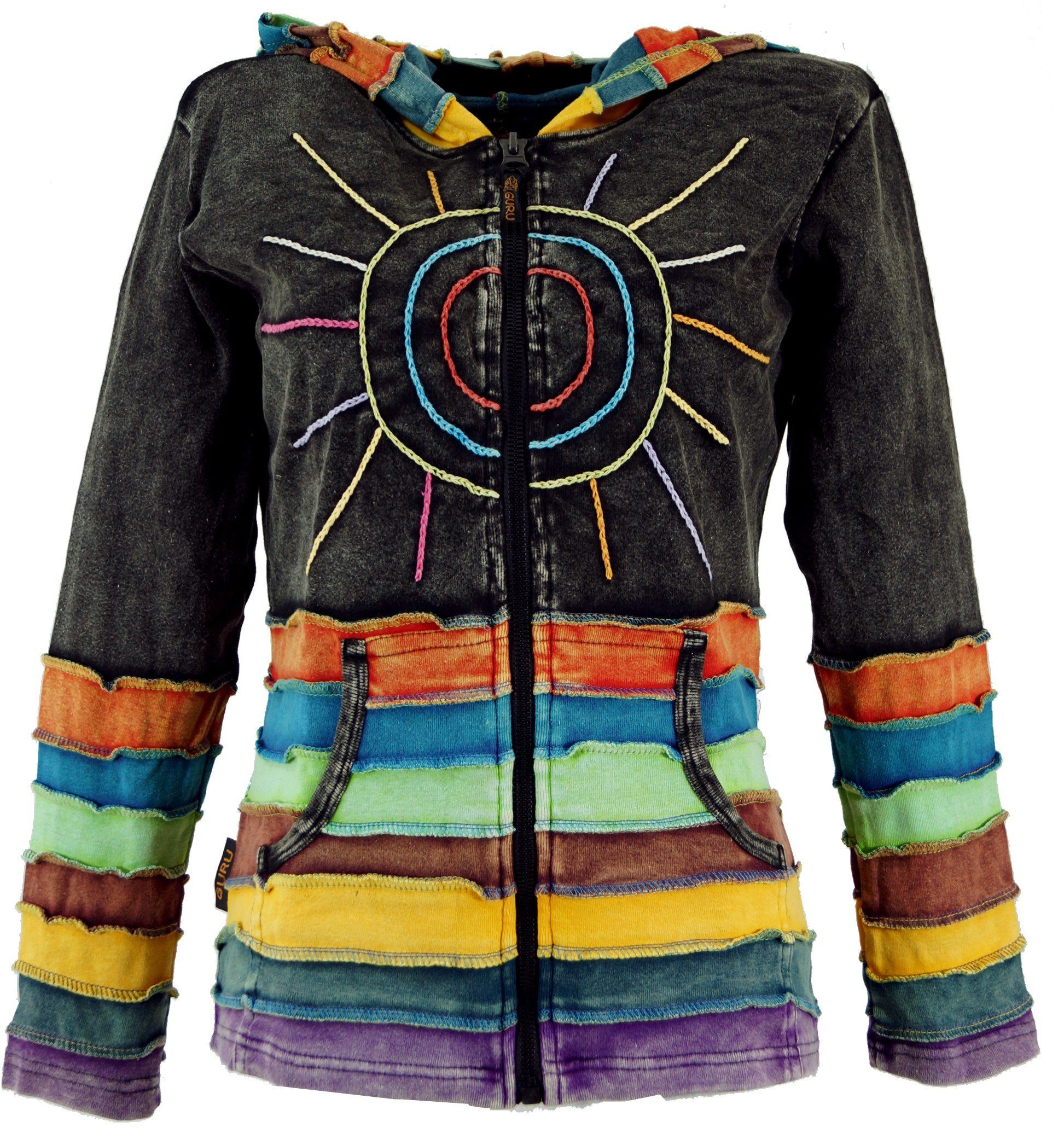 Guru-Shop Langjacke Regenbogenjacke, Jacke mit Zipfelkapuze - schwarz alternative Bekleidung | Jacken