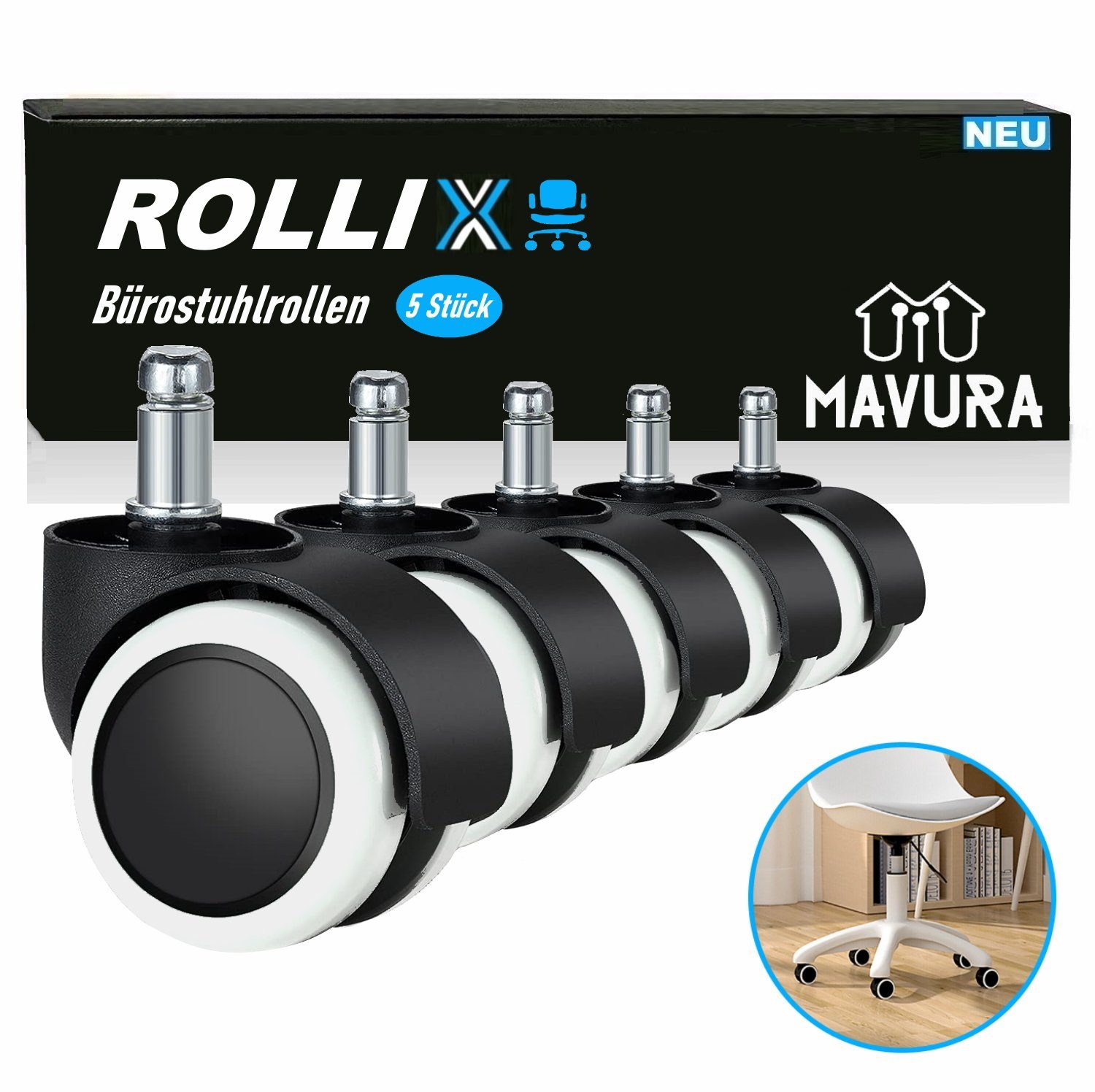 MAVURA Stuhlrolle - leise Stuhlrollen, Hartbodenrollen Set] Chefsesselrollen 11mm ROLLIX kratzfrei [5er & Bürostuhlrollen