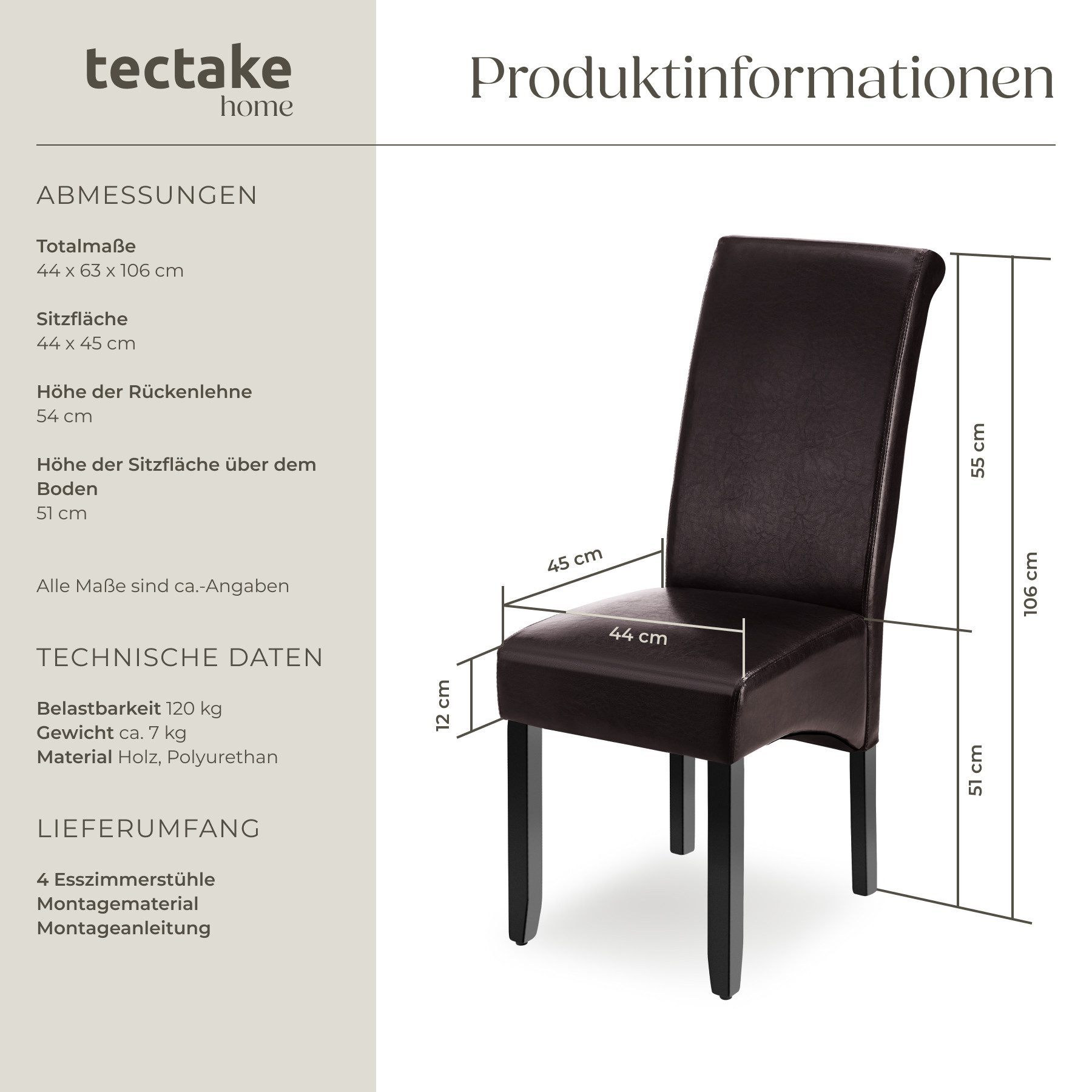 tectake Esszimmerstuhl Küchenstuhl, ergonomisch, massives Hartholz (Set, 4 St), Ergonomische Form für besten Sitzkomfort auch über längeren Zeitraum