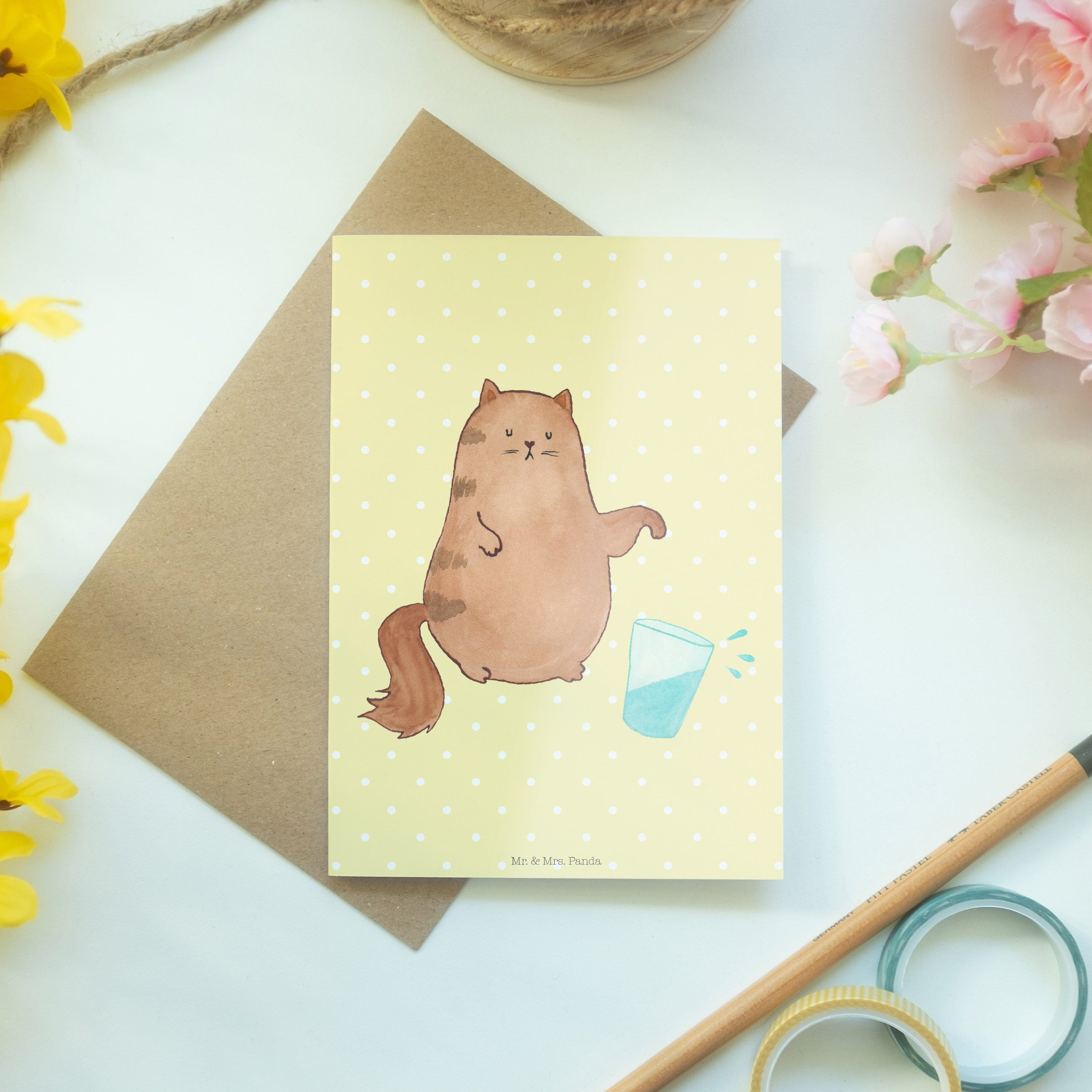 Cat Grußkarte Pastell Karte, Wasserglas Geschenk, Katzenmotive, - - Mrs. Mr. Gelb Katze & Panda