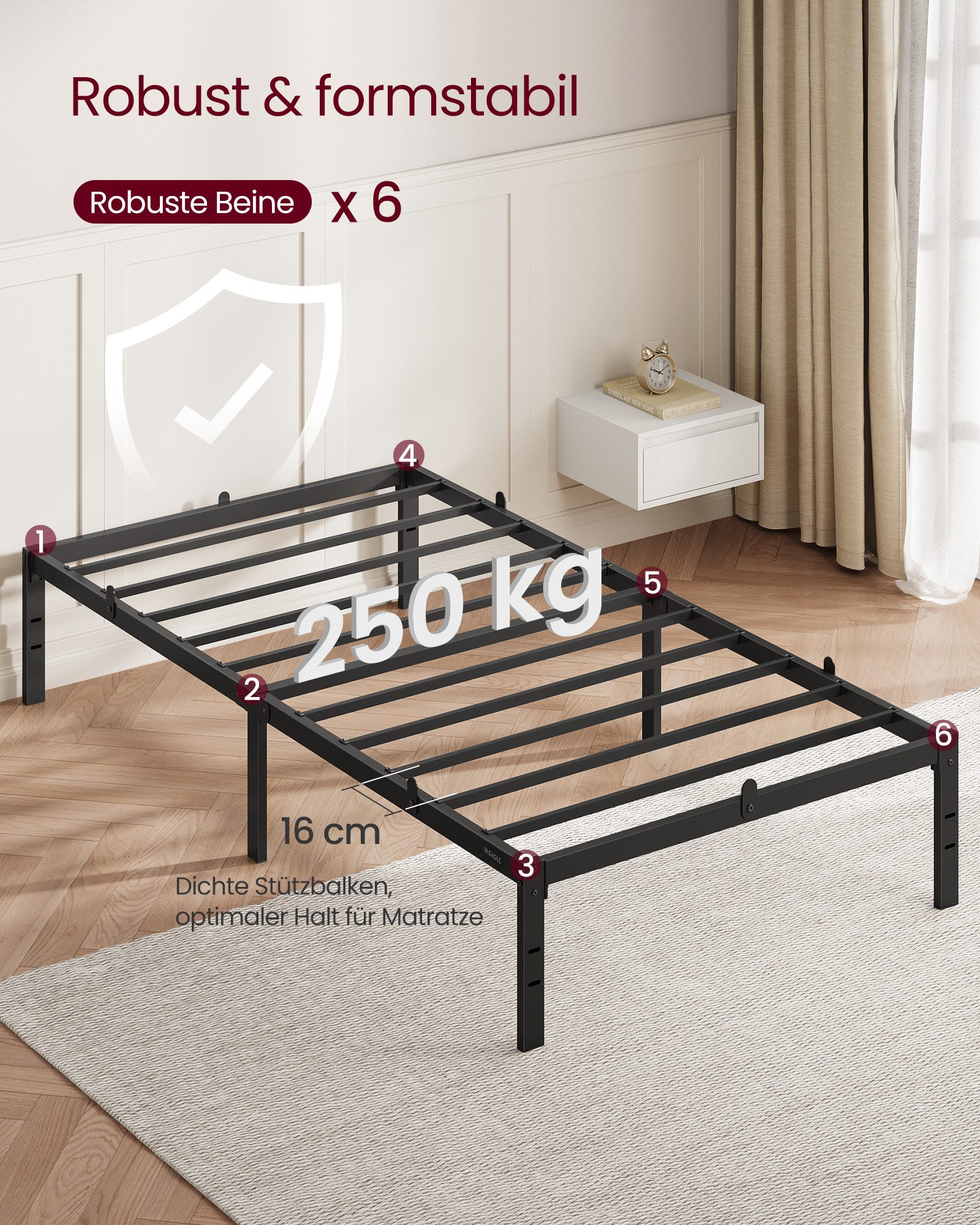 VASAGLE Bettgestell Doppelbettgestell Metallbett (90 x 200 cm, 35.6 cm H, geräuscharm), 90 x 200 cm, einfacher Aufbau, modern, Bett, Bettrahmen, Gästebett – Bild 4 von 5