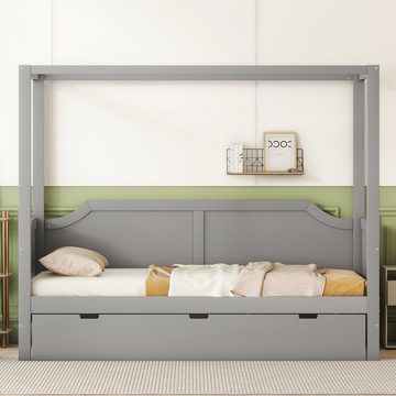 SOFTWEARY Himmelbett Einzelbett mit Lattenrost und Schubladen (90x200 cm), Holzbett aus Kiefer