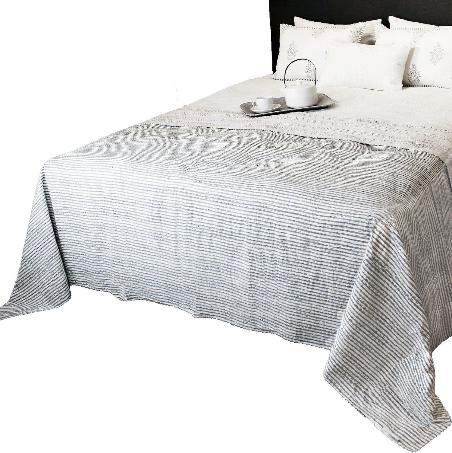 Tagesdecke »Tagesdecke Bettüberwurf Blockprint grau weiß gestreift«,  Indradanush, auch als Tischdecke, extra groß 170 x 270 cm online kaufen |  OTTO