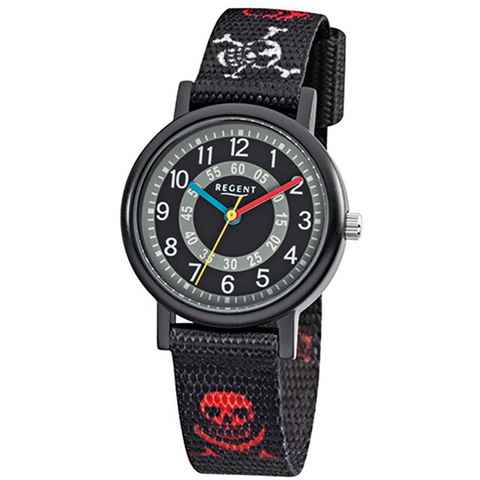 Regent Quarzuhr Regent Kinder-Armbanduhr schwarz rot weiß, (Analoguhr), Kinder Armbanduhr rund, klein (ca. 29mm), Textilarmband
