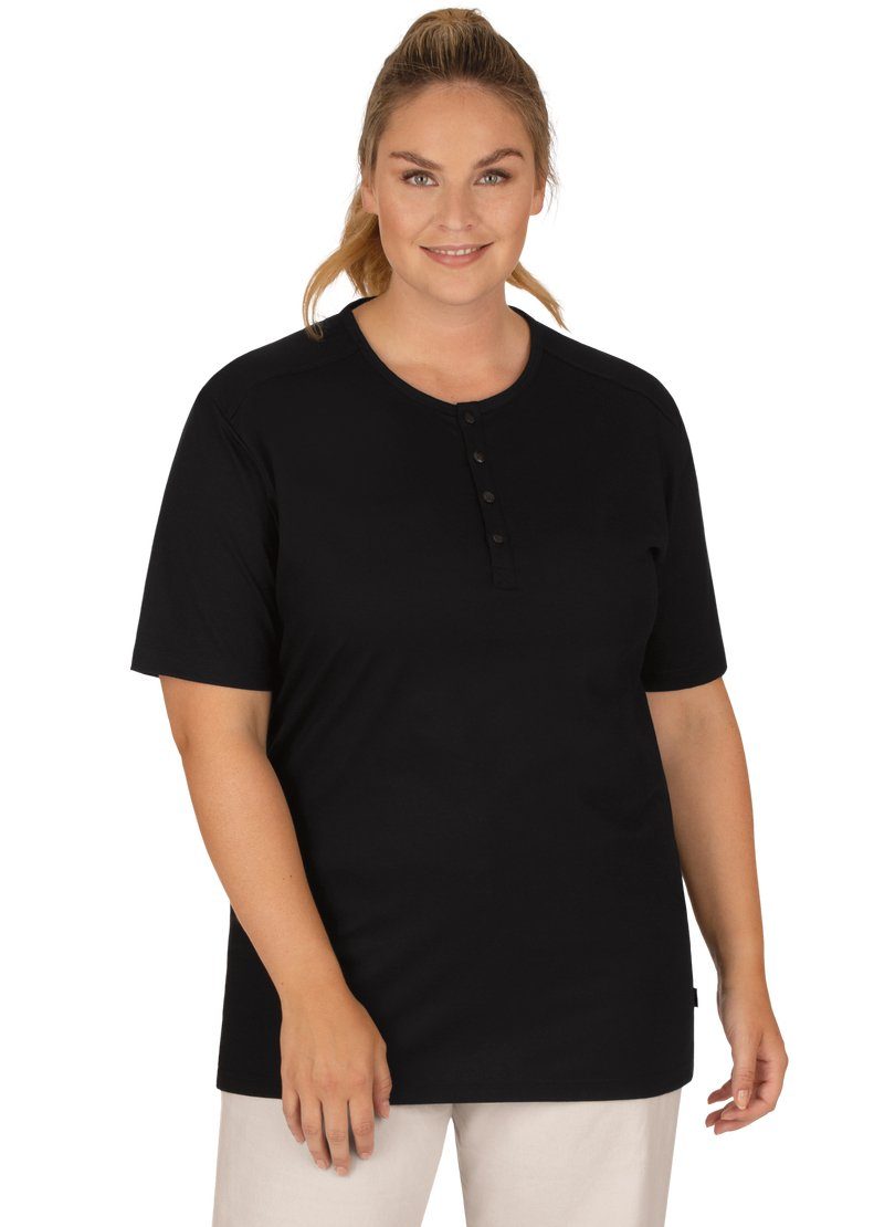 Trigema T-Shirt TRIGEMA T-Shirt Baumwolle DELUXE schwarz Knopfleiste mit