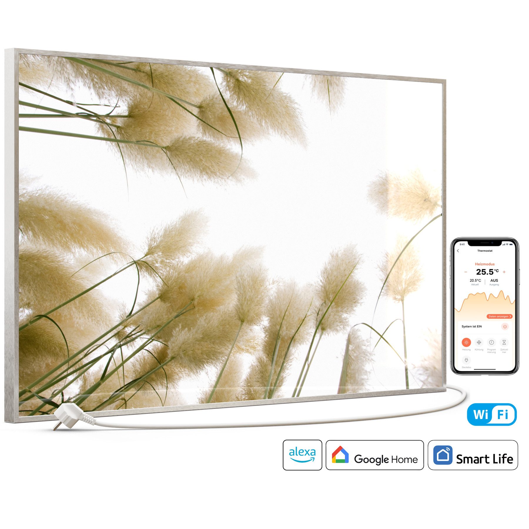 STEINFELD Heizsysteme Infrarotheizung Glas-Bild 600W, 100x60cm, Made in Germany, 7 Jahre Garantie, mit Thermostat, Silber