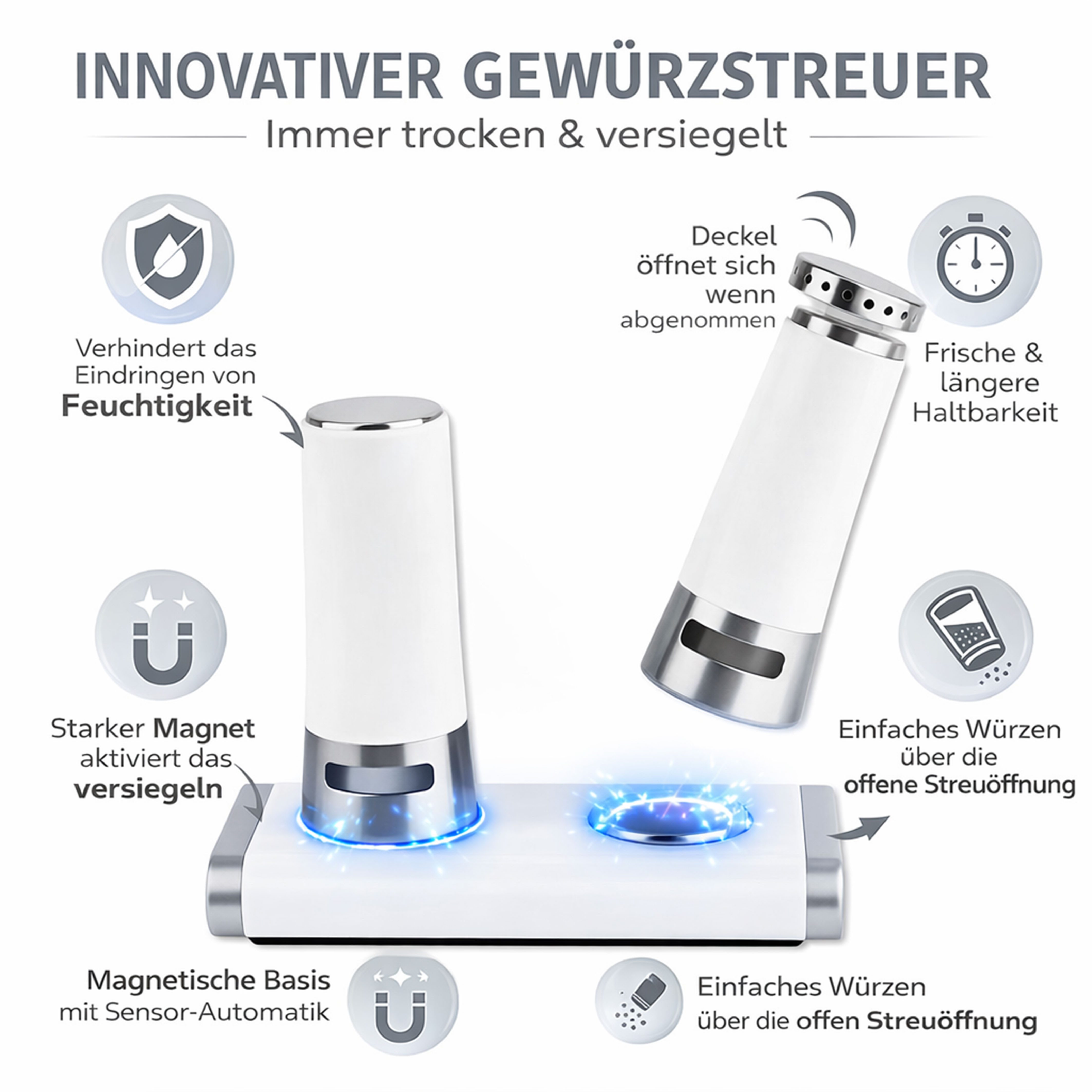 Jungengel Salzmühle Gastro Magnetisches Salz- und Pfeffer-Set Salzstreuer Pfefferstreuer Magnetisch, (3 Stück), Sehr stark magnetisch, Hygiene TOP, Gastro, Robuste Verarbeitung