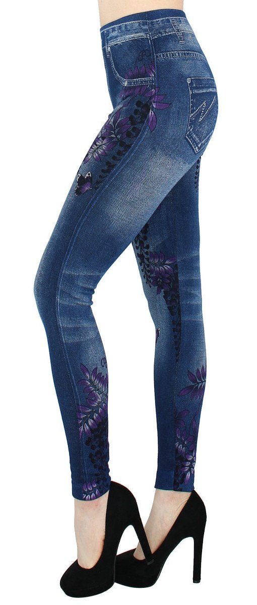 Innenfutter dy_mode Jeggings elastischem Thermo Thermoleggings mit Geblümt, WL120-ViolettButterfly Leggings Damen Bund, Gefüttert mit Thermoleggings Jeans-Optik