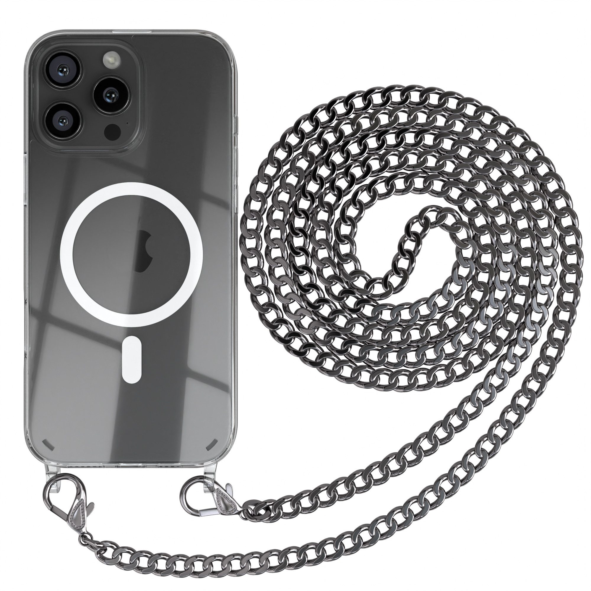 EAZY CASE Handykette Metallkette MagSafe Hülle für iPhone 16 Pro Max 6,9 Zoll, Handykordel Metall Kette zum Umhängen Magsafe Schutzhülle Anthrazit
