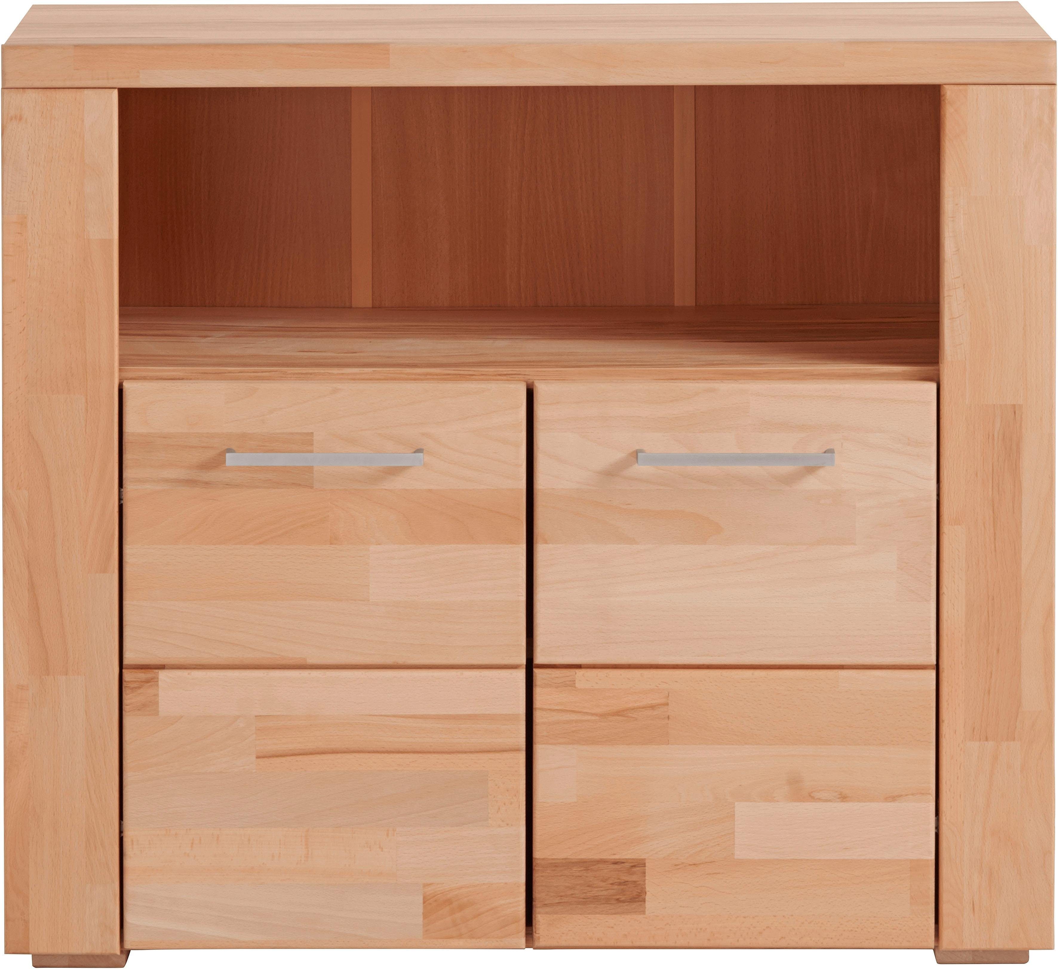 OTTO home Kommode Celle,90cm breit,35 cm tief, Fronten Massivholz, Holz massiv, Holzwerkstoff, Metall Griffe,3 breite Fächer