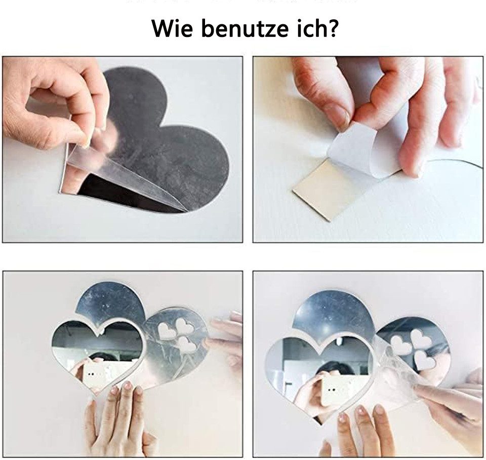 Coonoor 3D-Wandtattoo Spiegel Wandaufkleber 10 Stücke/2 Satz, 3D Kristall Doppel Liebe Herz (2 St), DIY Kunst Wandtattoos Für die Wand Wohnzimmer Schlafzimmer B – Bild 4 von 4