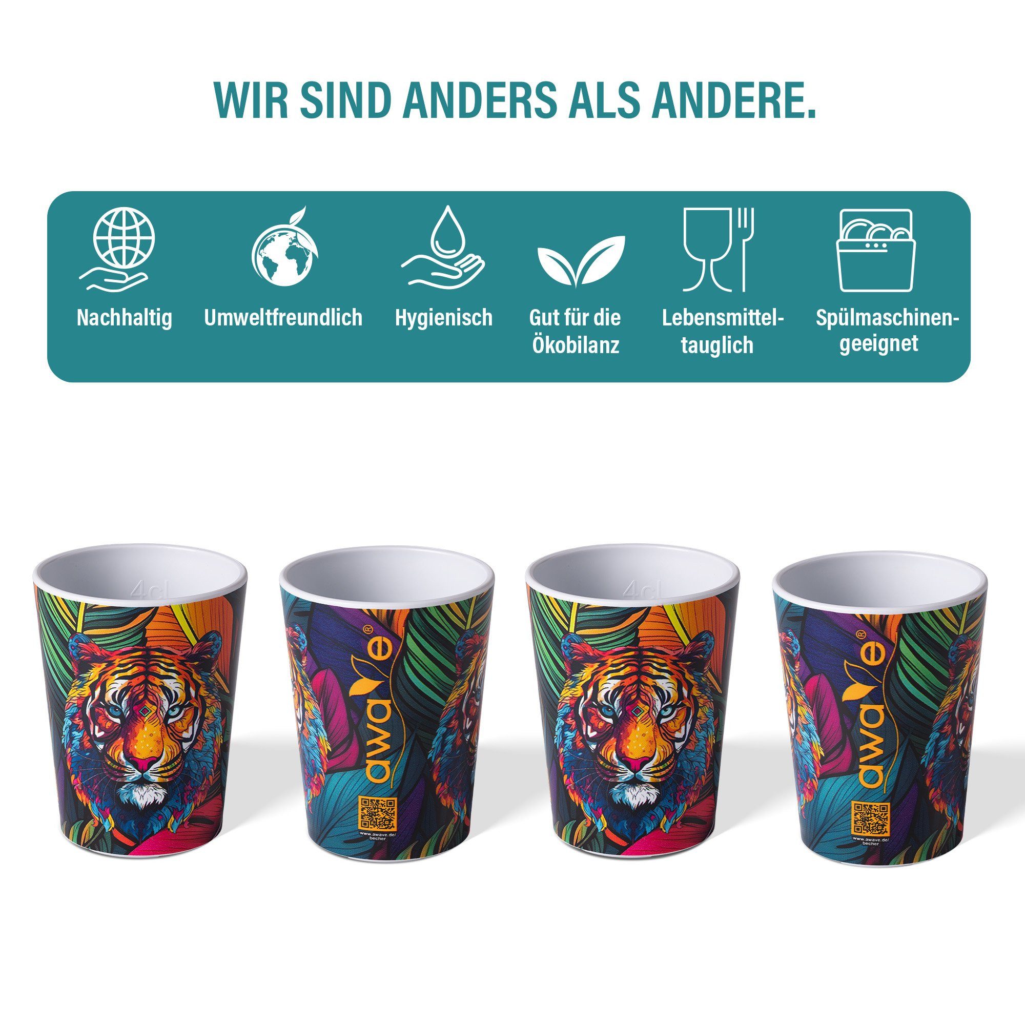 AWAVE® Becher 4tlg.-Set mit Eichstrich, Stapelbar, Mehrweg, Spülmaschinengeeignet, 4-tlg., rPET