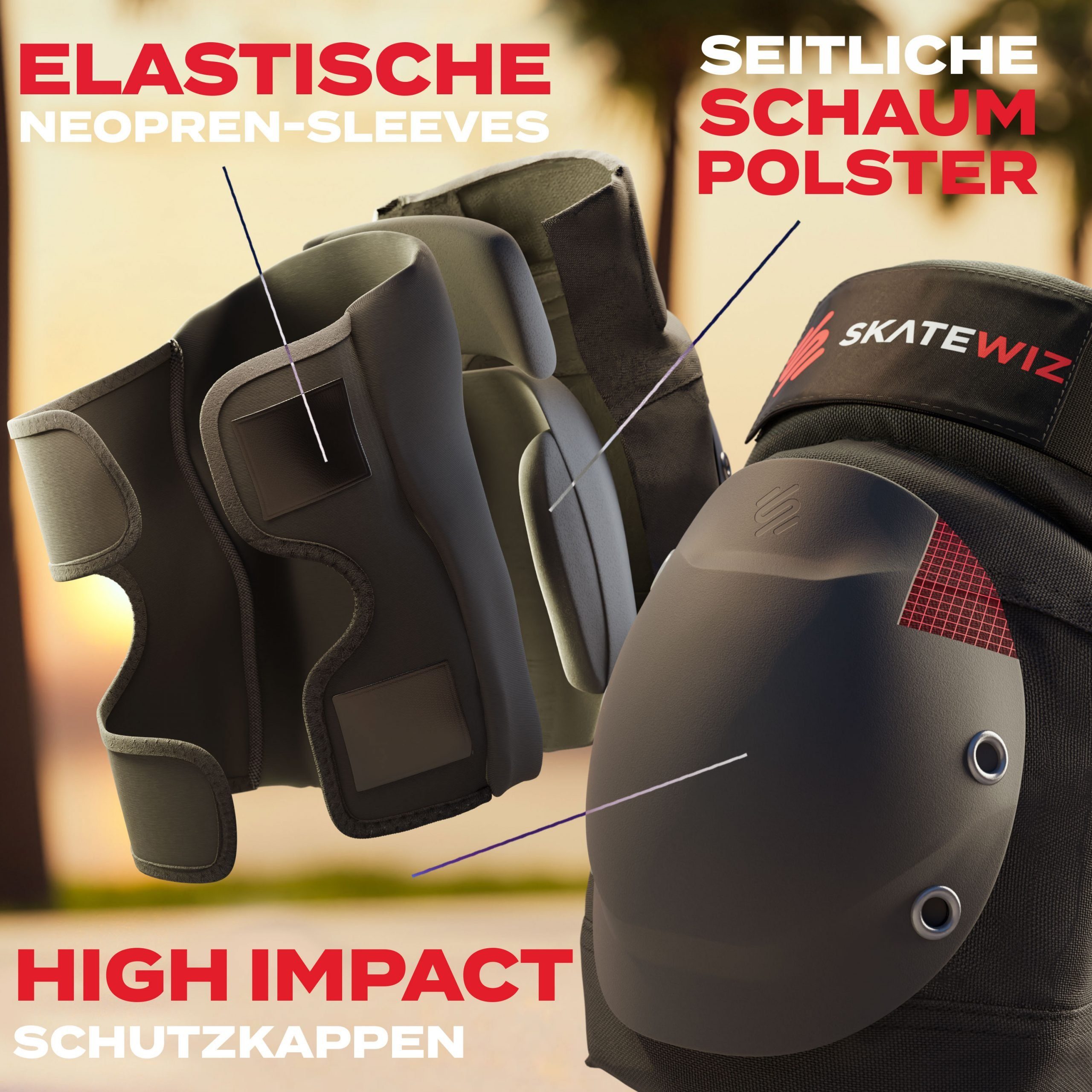 SKATEWIZ Protektoren-Set SHIELD - Skateboard Schonerset für Jugendliche und Erwachsene (Inliner Protektoren Damen Ellbogenschützer Herren, 7-tlg., Handschoner, Ellbogenschoner & Knieschoner Set), Rollschuhe, Schlittschuhe Damen & Skateboard