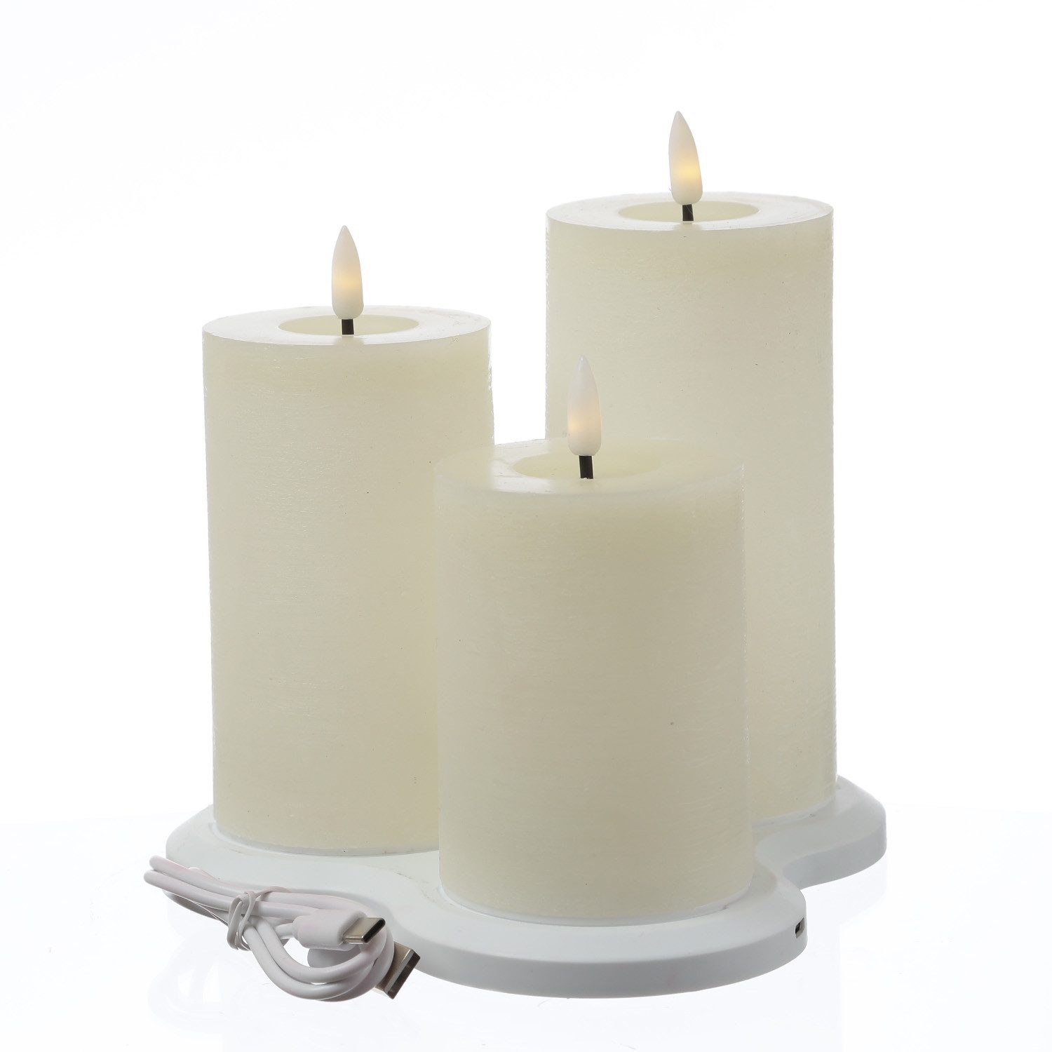 MARELIDA LED-Kerze LED Kerzenset LISA Rustik Optik Echtwachs wiederaufladbar creme 3St., LED Classic, warmweiß (2100K bis 3000K)