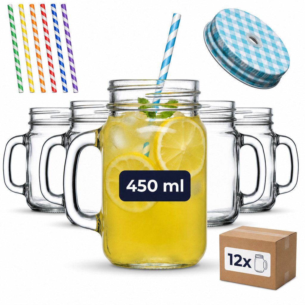 gouveo Gläser-Set Trinkgläser 450 ml mit Schraubdeckel - Trinkglas mit Henkel, 12-tlg., 12er Set, blau/silber