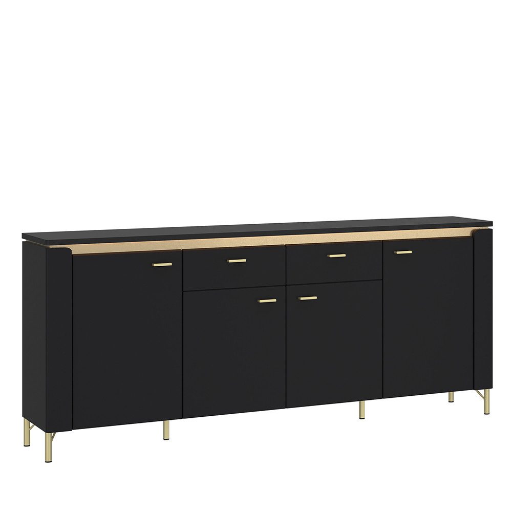Lomadox Sideboard NOLA-129, Schwarz matt mit goldfarbenen Akzenten, 2 Schubladen, Breite 200cm