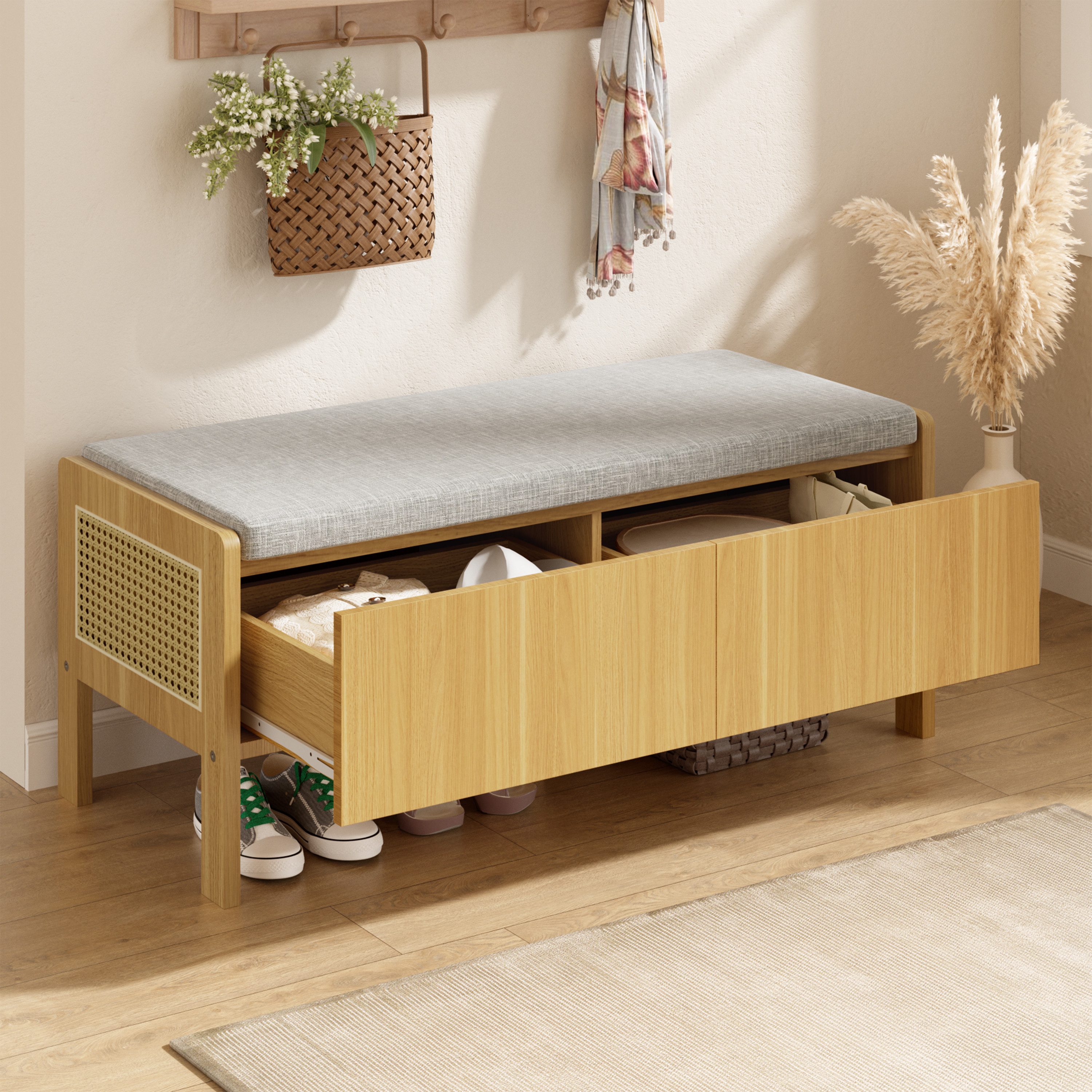 Flieks Polsterbank Schuhbank mit 2 Schubladen, Seitenteile mit Rattan-Geflecht (1-St., B113×H45,5×T40 cm), Sitzbank Holzoptik Aufbewahrungsbank mit Sitzkissen Natur