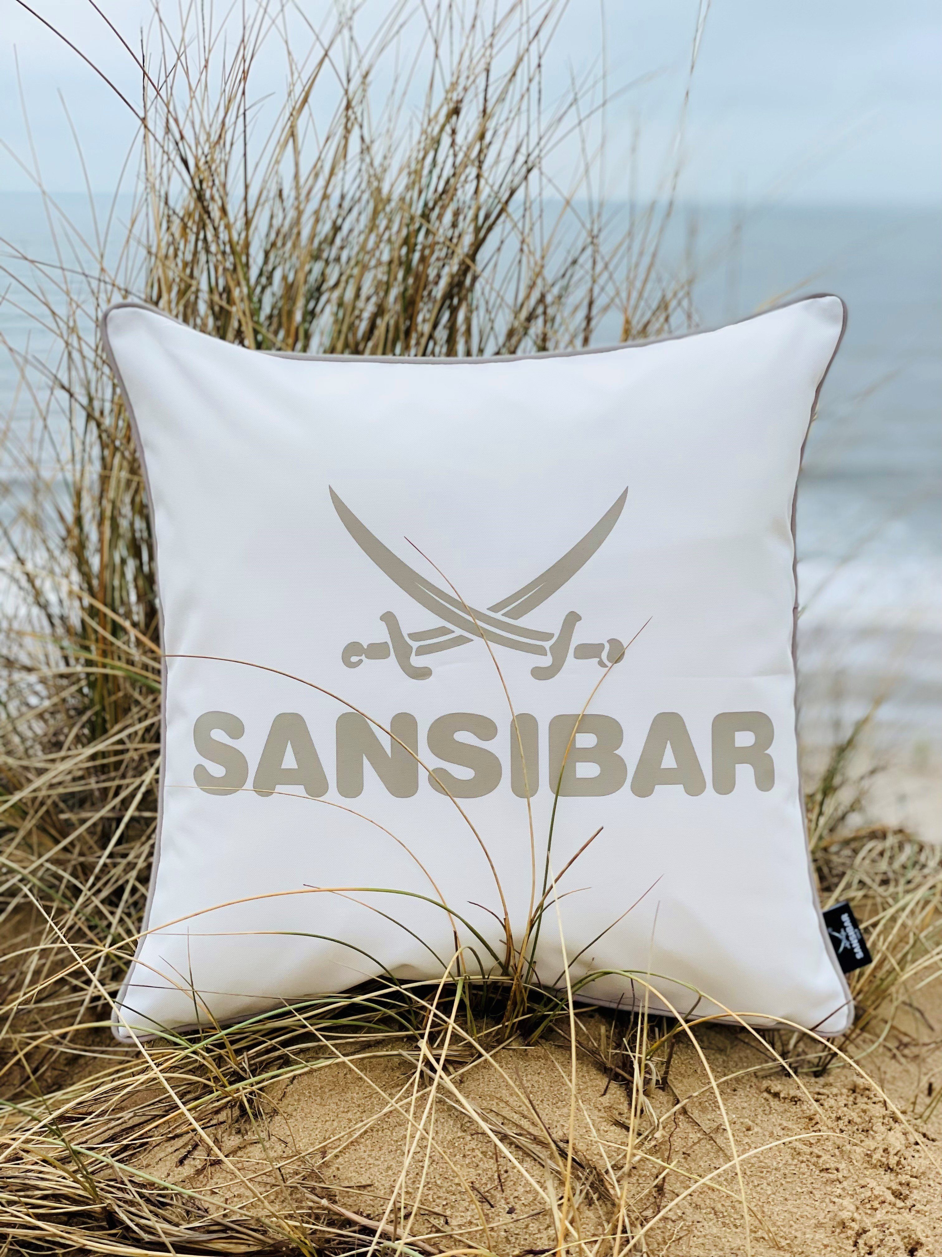 Dekokissen Sansibar wasser- cm, offwhite/taupe Sansibar Logodruck, Outdoor 45x45 (1 Outdoor Stück), geeignet, Sylt und schmutzabweisend Kissenfüllung, Kissen