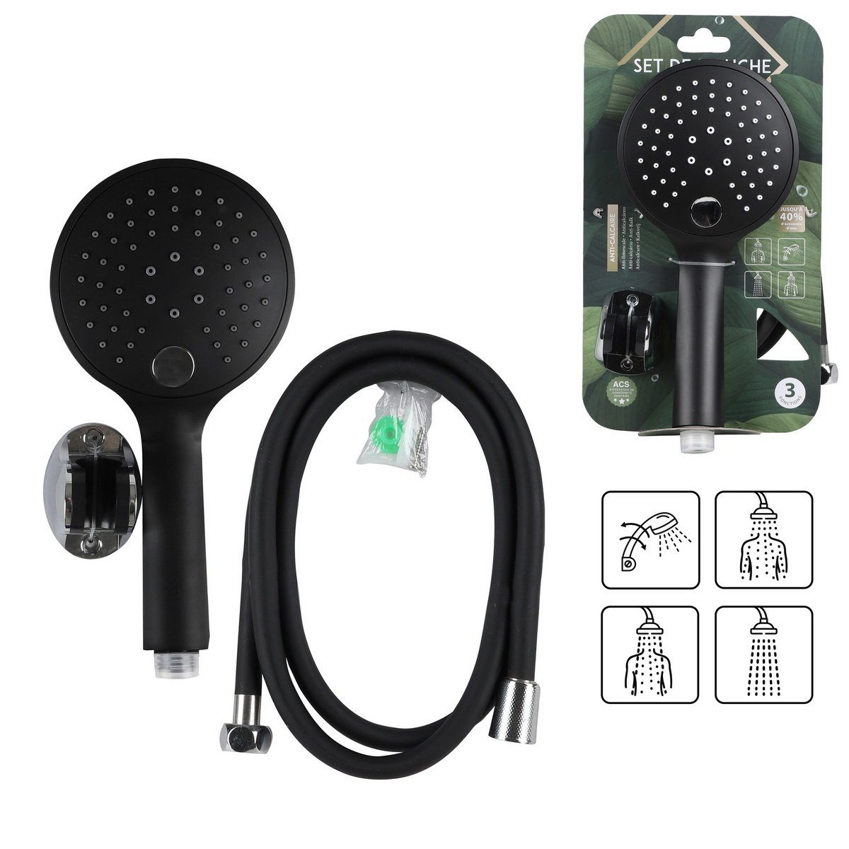 Urban Living Brausehalter 3-Strahl Duschkopf Schwarz günstig online kaufen