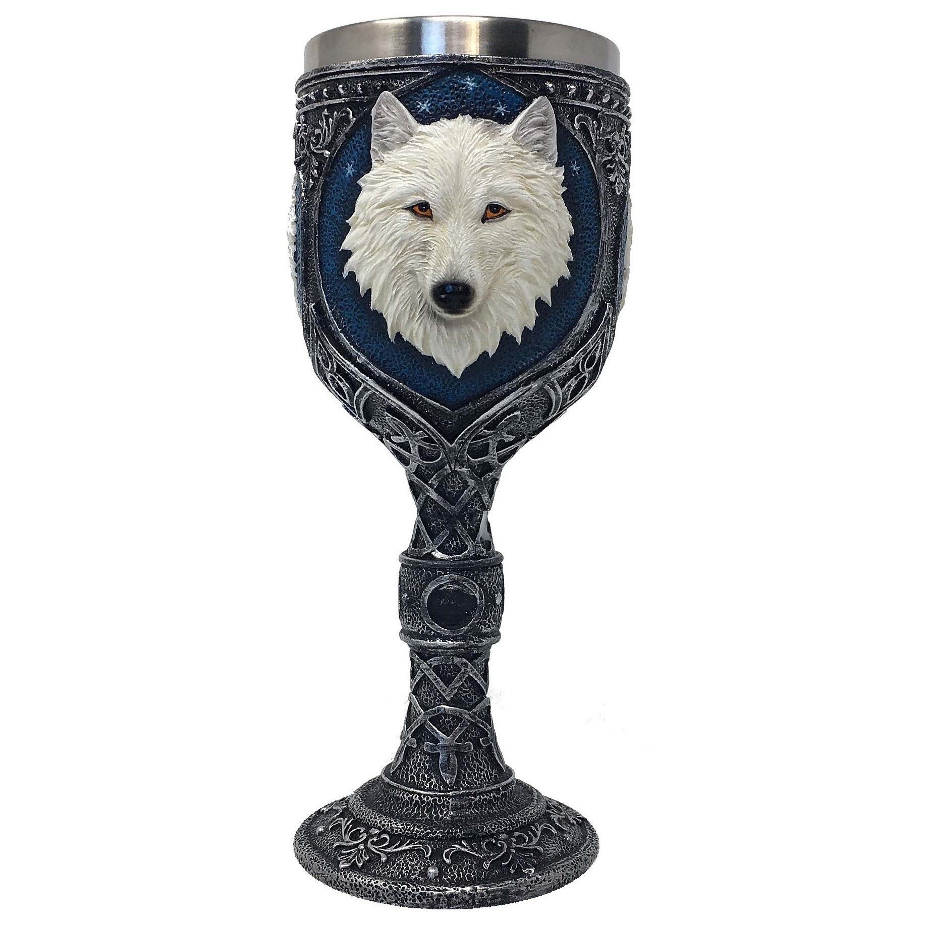 MystiCalls Becher Wolfskelch - Kelch Wolf Ritterkelch Tier Weißer Wolf, Polyresin, 180 ml Fassungsvolumen